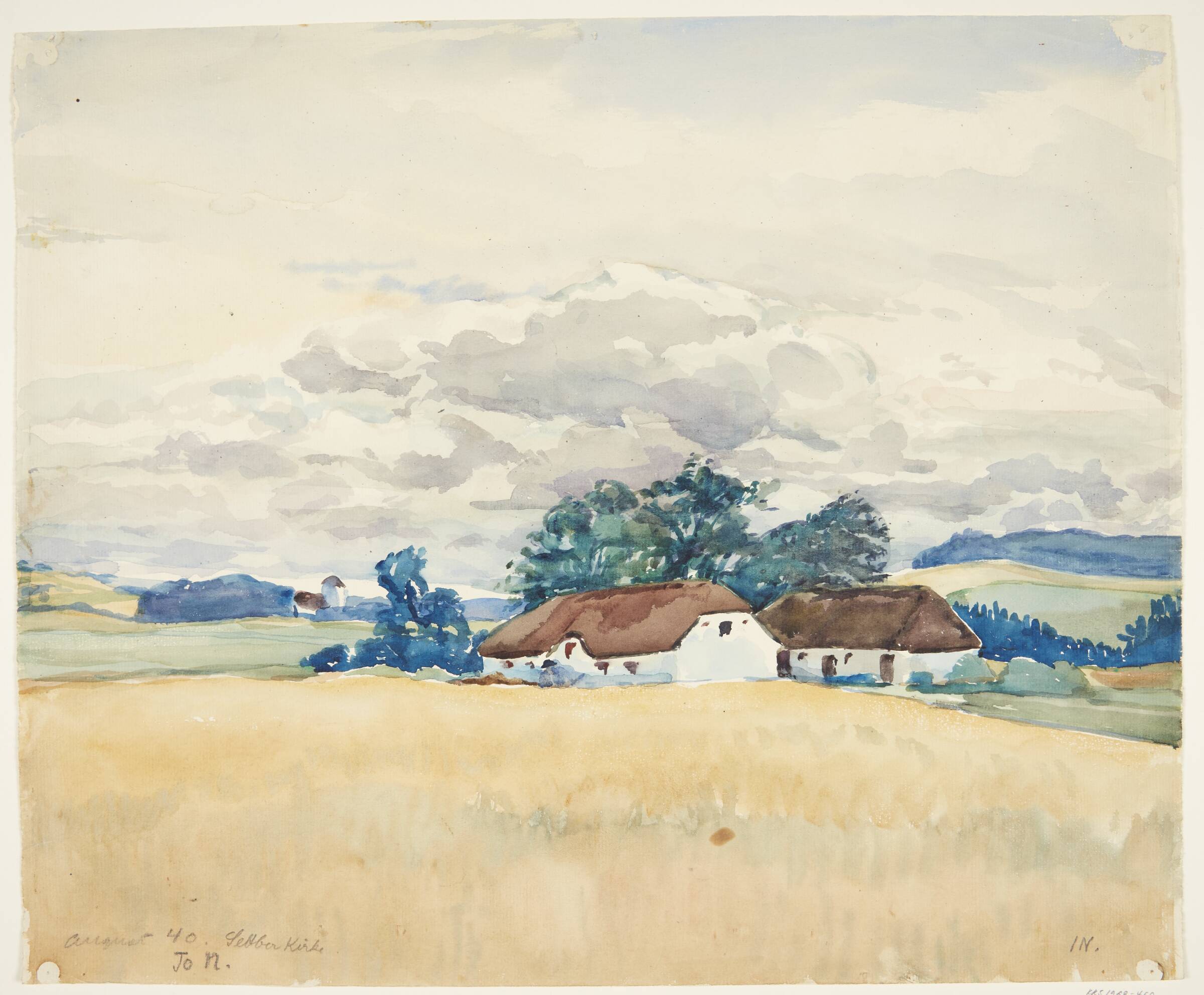 Landskab med gård og udsigt mod Sebber kirke, Johanne Nielsen, 1940