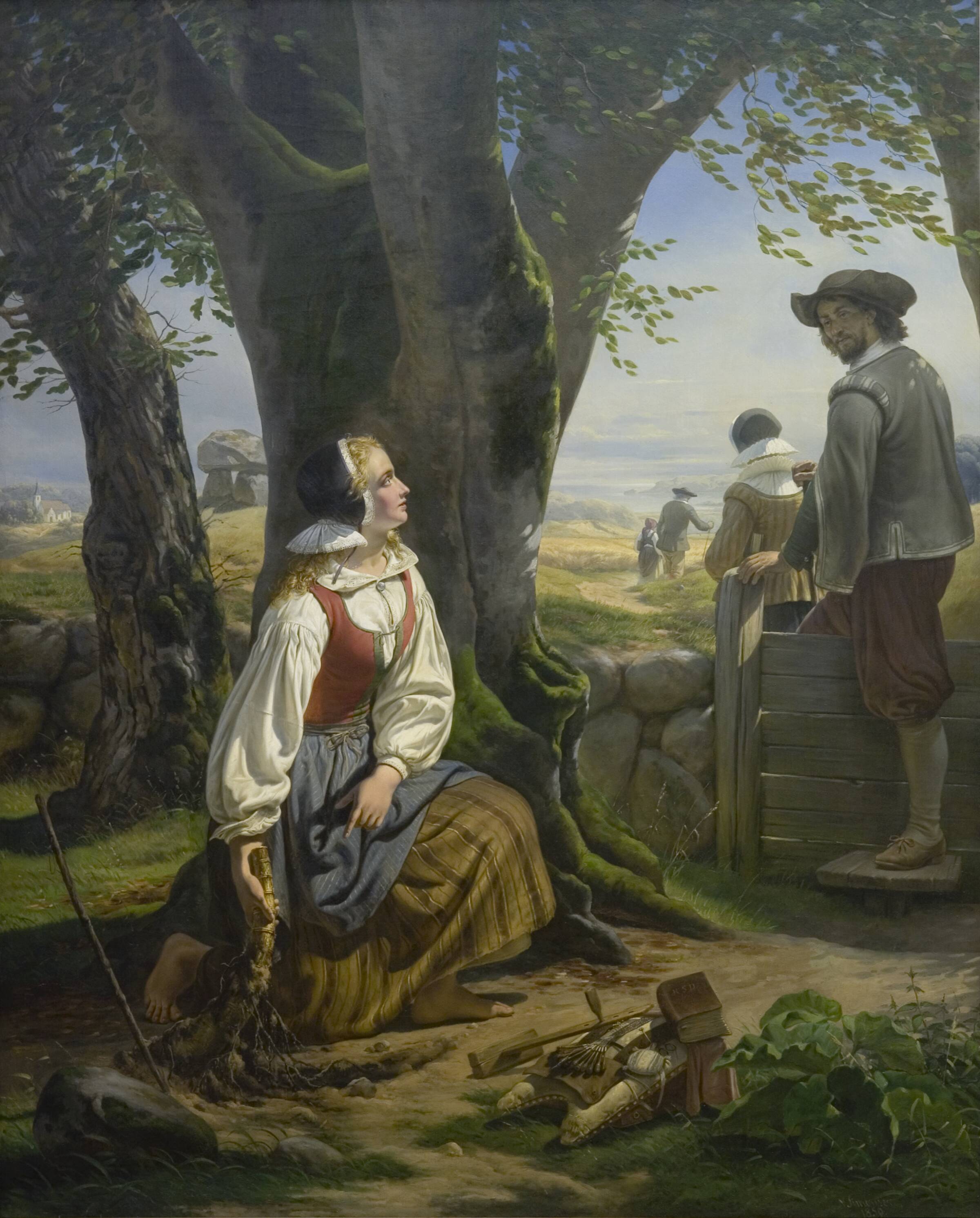 Kirstine Svends finder guldhornet ved Gallehus den 20. juli 1639, Niels Simonsen, 1859
