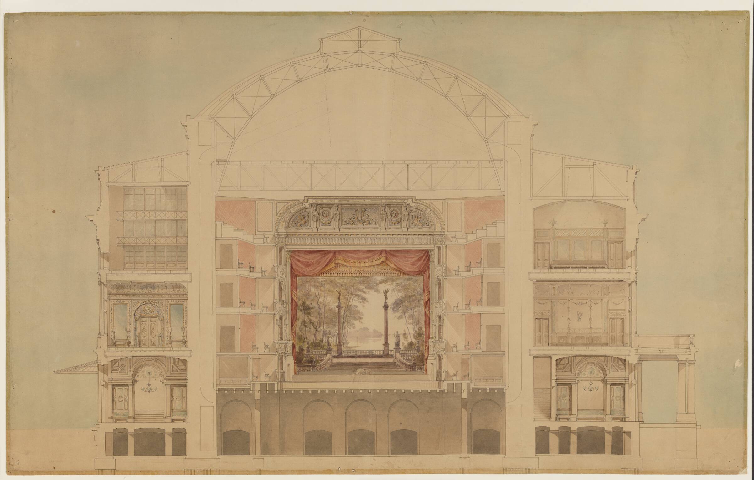 Det Kgl. Teater 1874. Tværsnit mod scenen, Jens Vilhelm Dahlerup, 1872-1875