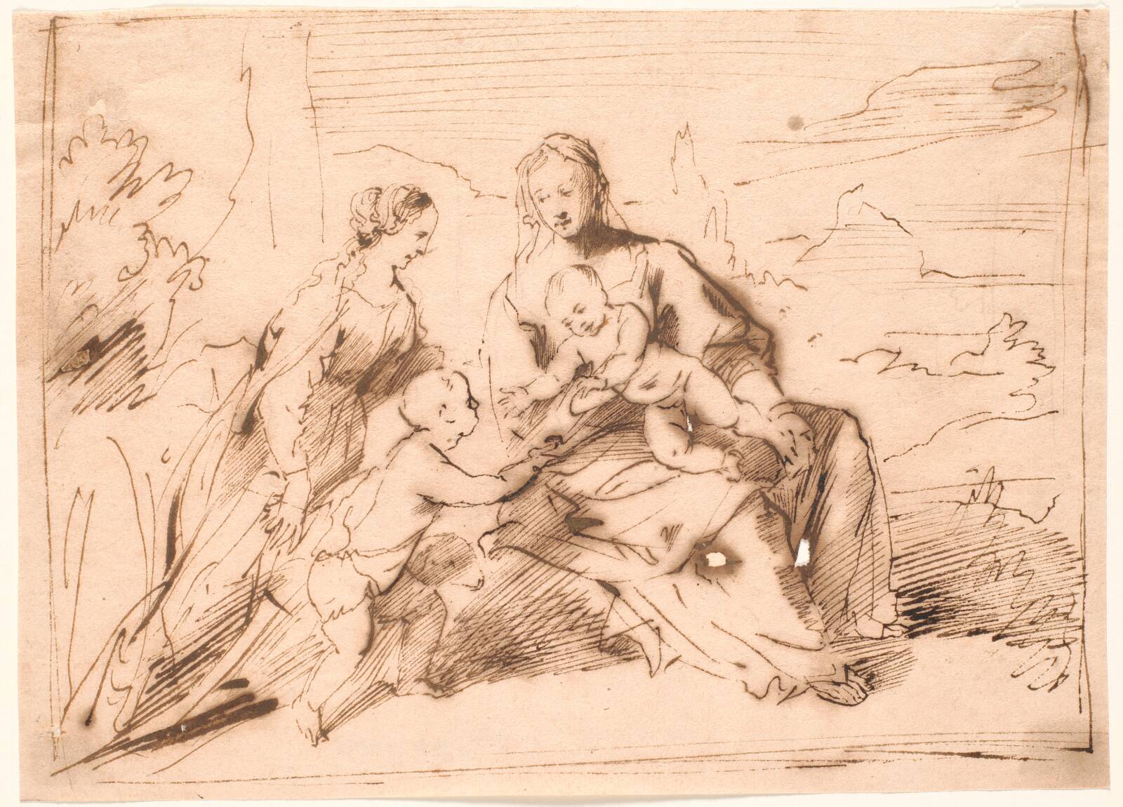 Maria med børnene Jesus og Johannes samt en helgeninde, by Jürgen Ovens, 1623-1678