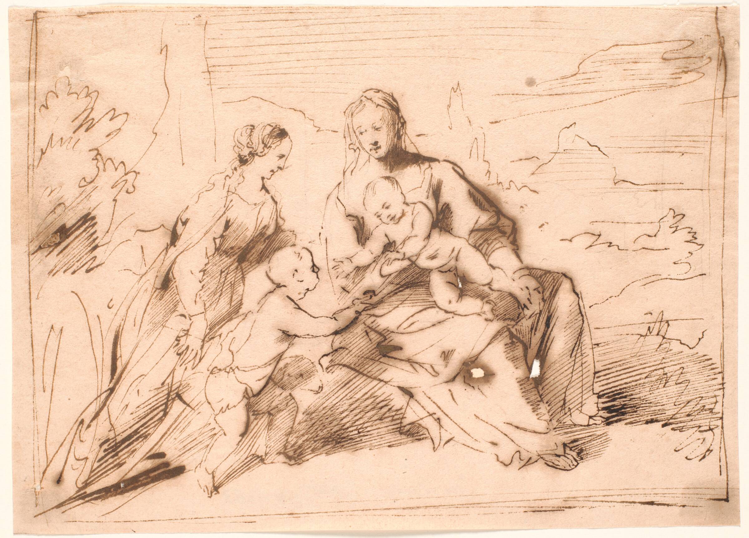Maria med børnene Jesus og Johannes samt en helgeninde, Jürgen Ovens, 1623-1678
