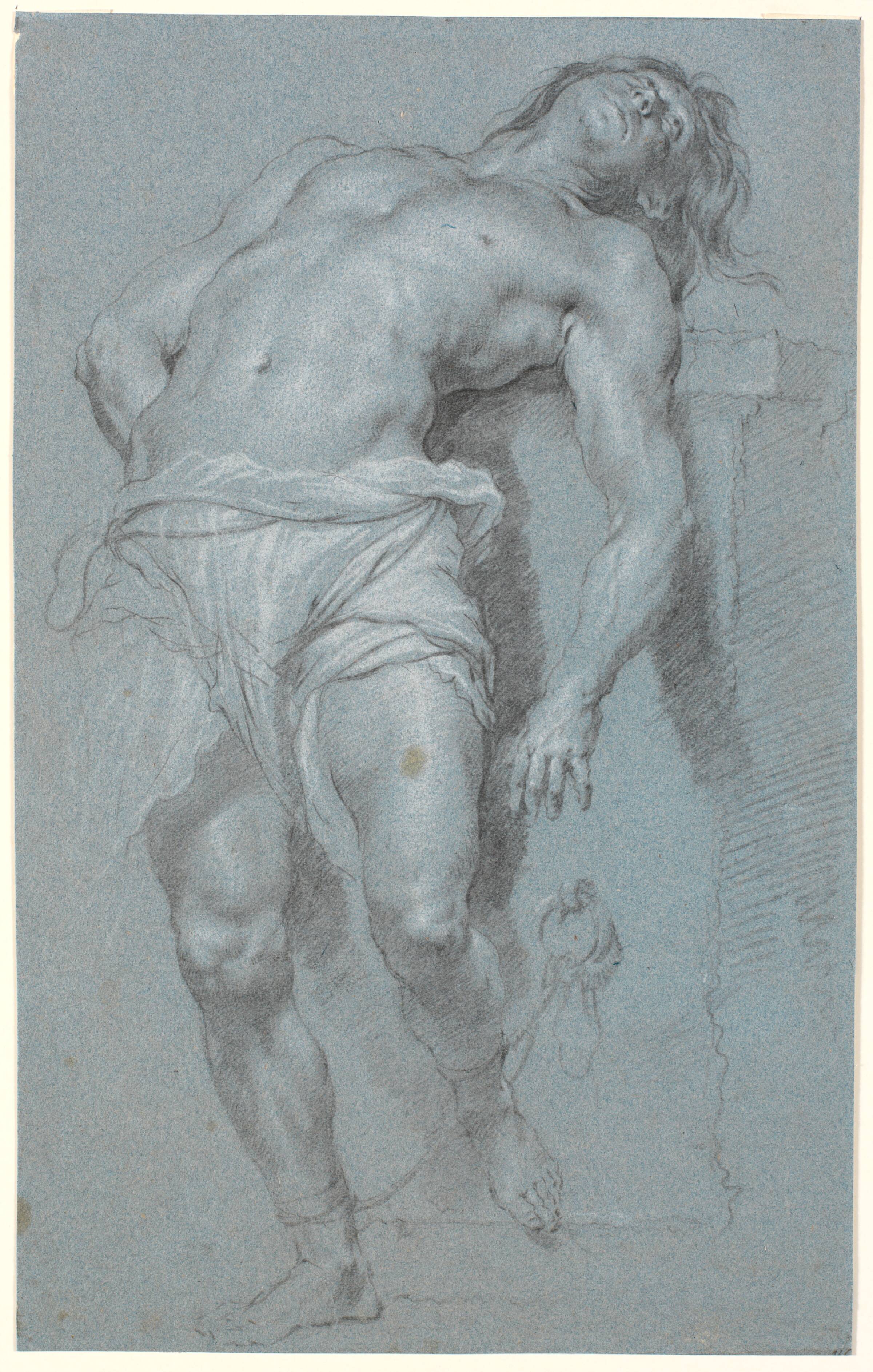 Tilbagelænet, stående mandlig model, lænket til et alter, Heinrich Dittmers, 1625-1677