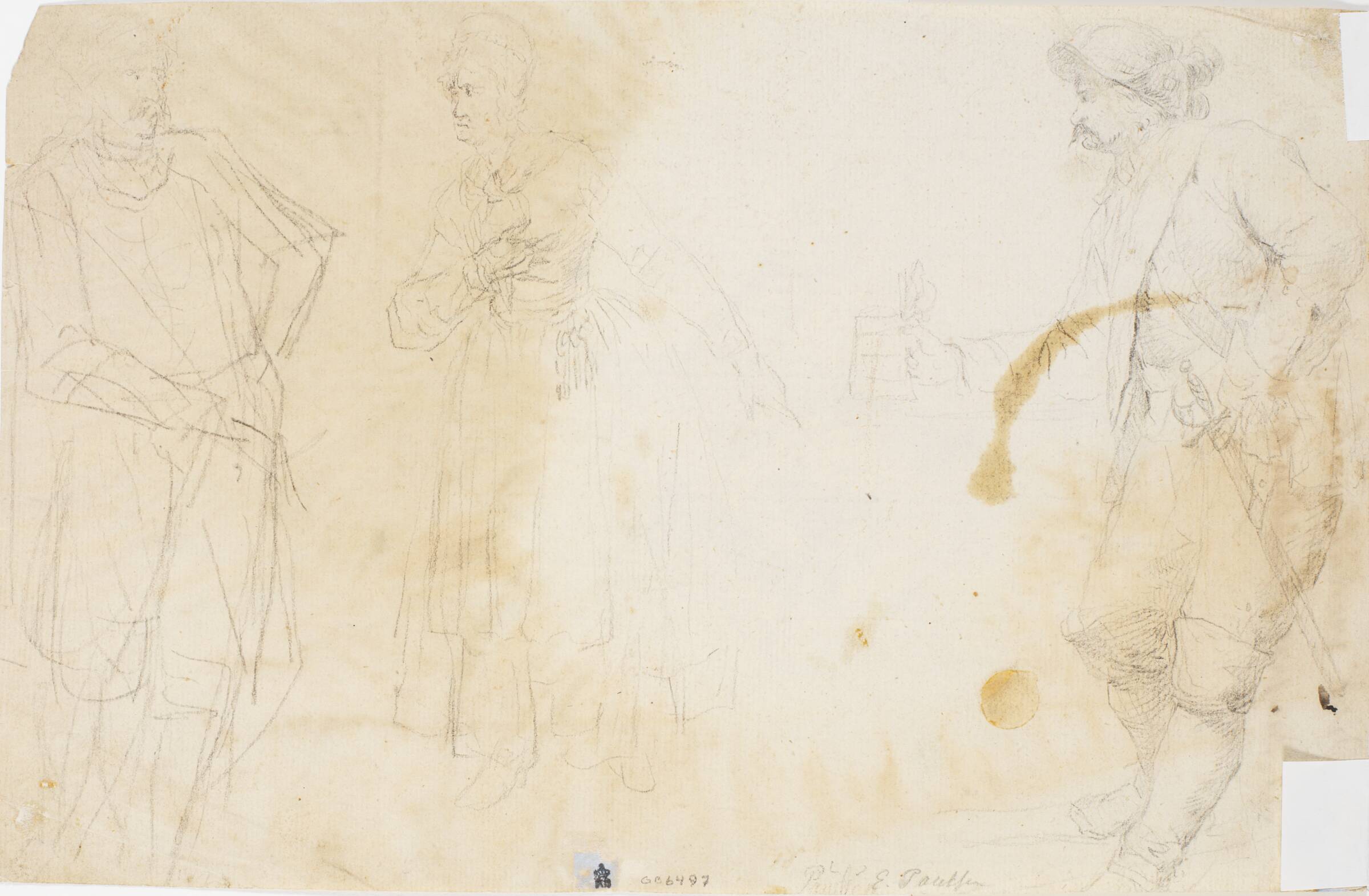 To mænd og en dame. Den ene mand holder et krus i hånden, Erik Pauelsen, 1749-1790