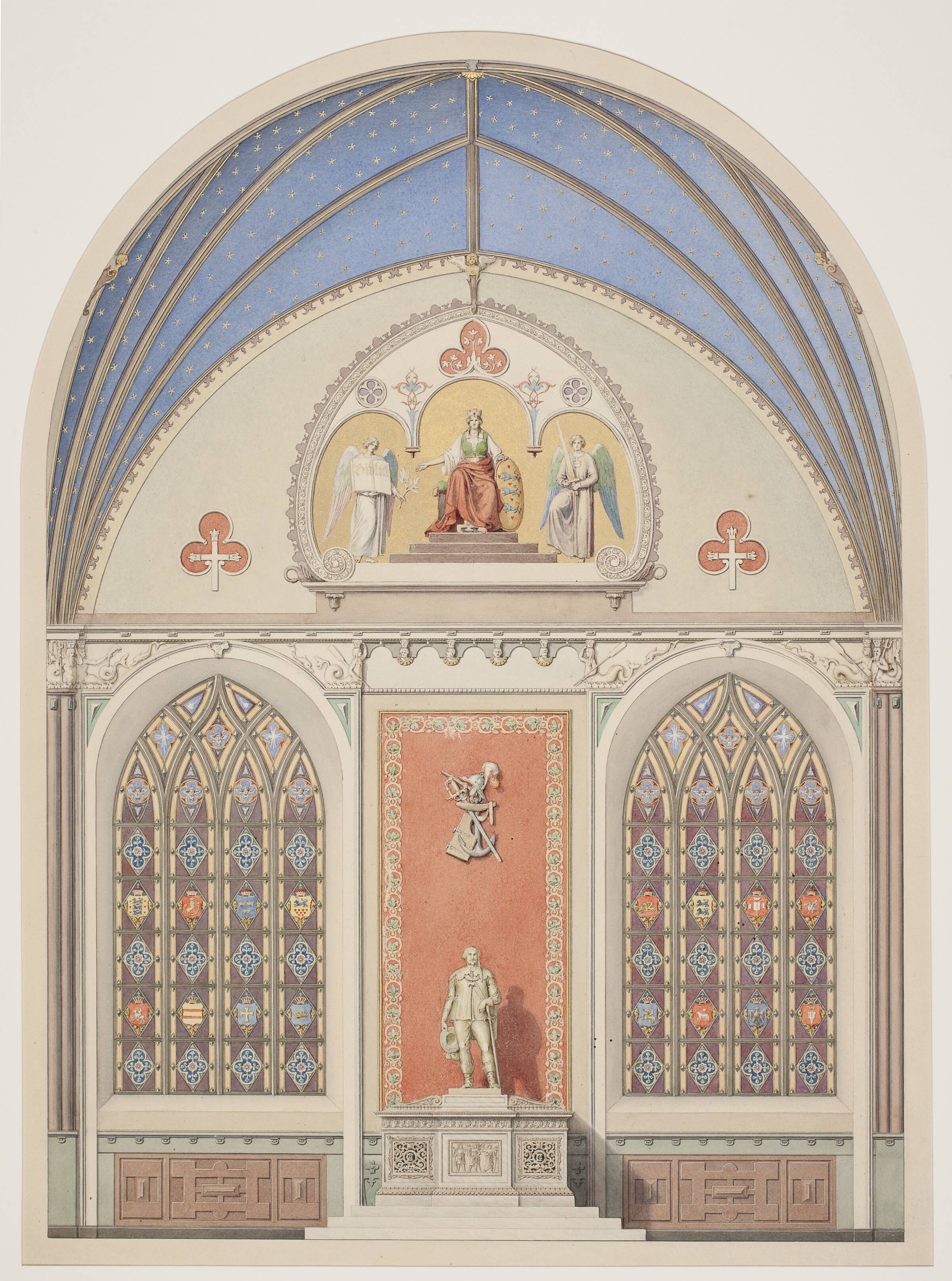Udkast til hvælvingens dekoration i Christian IV's kapel i Roskilde Domkirke. Udsmykning i midten med statue af Christian IV, Heinrich Eddelien, 1845