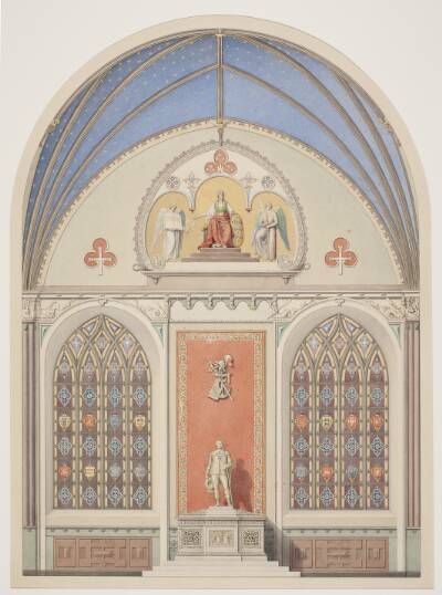 Udkast til hvælvingens dekoration i Christian IV's kapel i Roskilde Domkirke. Udsmykning i midten med statue af Christian IV