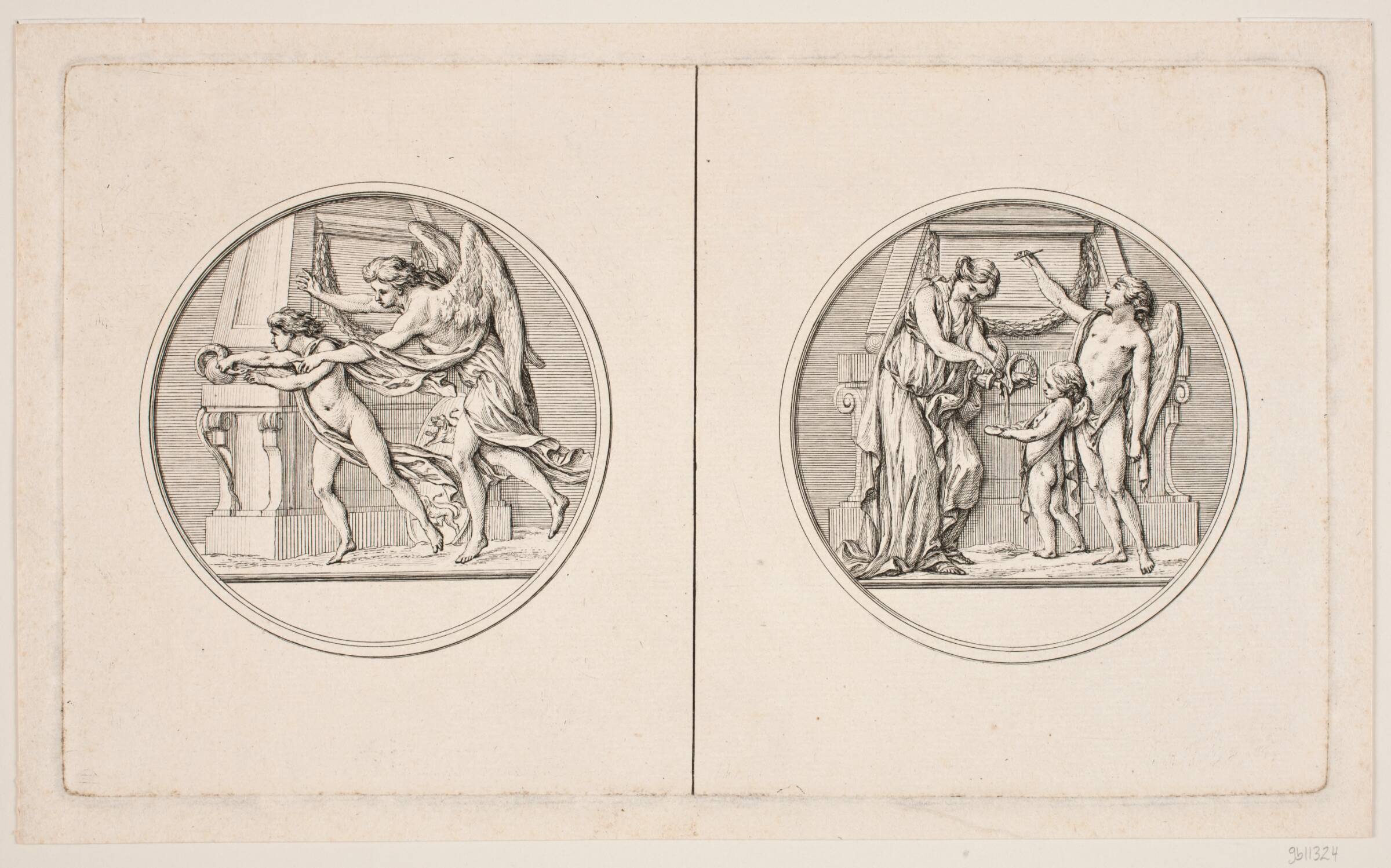Blad med to medaljoner i anledningen af grevinde Bernstorff og kronprinsens inoculation, J.M. Preisler, 1760-1764