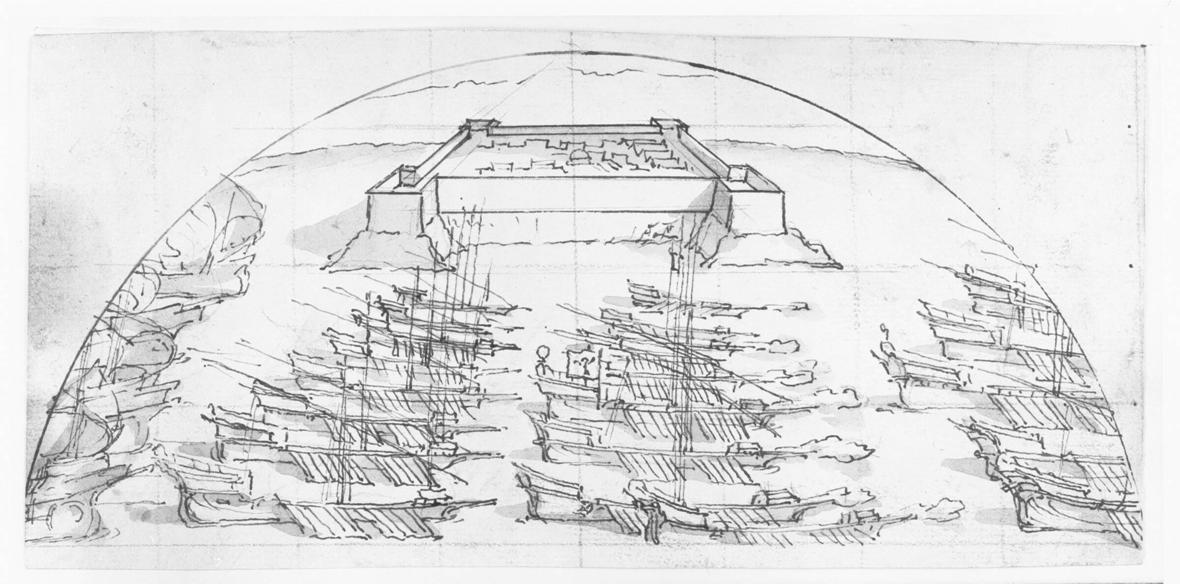 Galejer sejler forbi et fort, Lazzaro Tavarone, 1556-1641