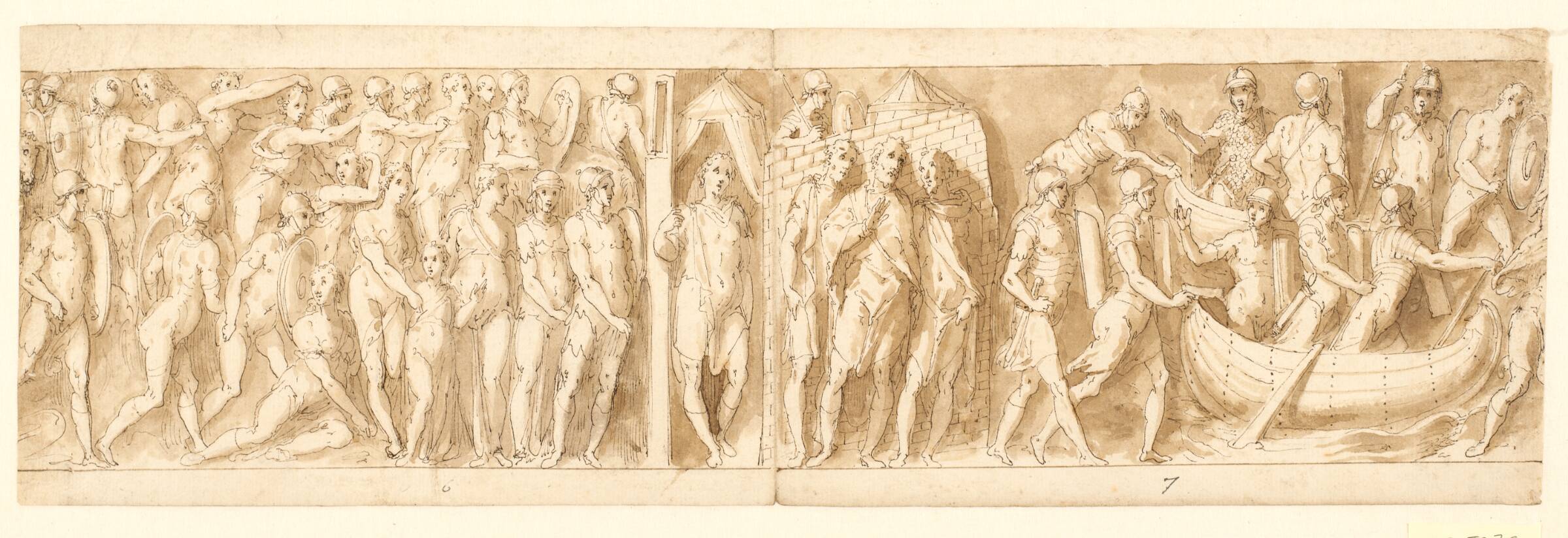 Kamp mellem romere og sarmatere; Marcus Aurelius taler med to ledsagere uden for lejren; indskibning og afsejling, Джованни Гуэрра, 1544-1618