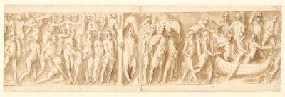 Kamp mellem romere og sarmatere; Marcus Aurelius taler med to ledsagere uden for lejren; indskibning og afsejling