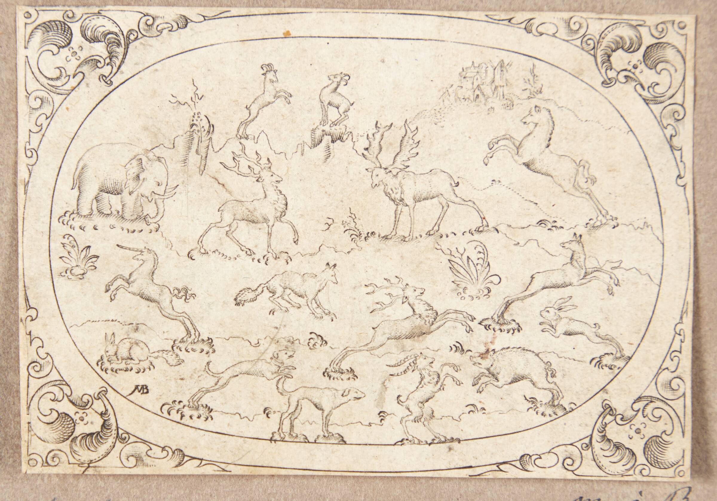 Firefodede dyr, her iblandt en enhjørning, Mathias Beytler, 1581-1583