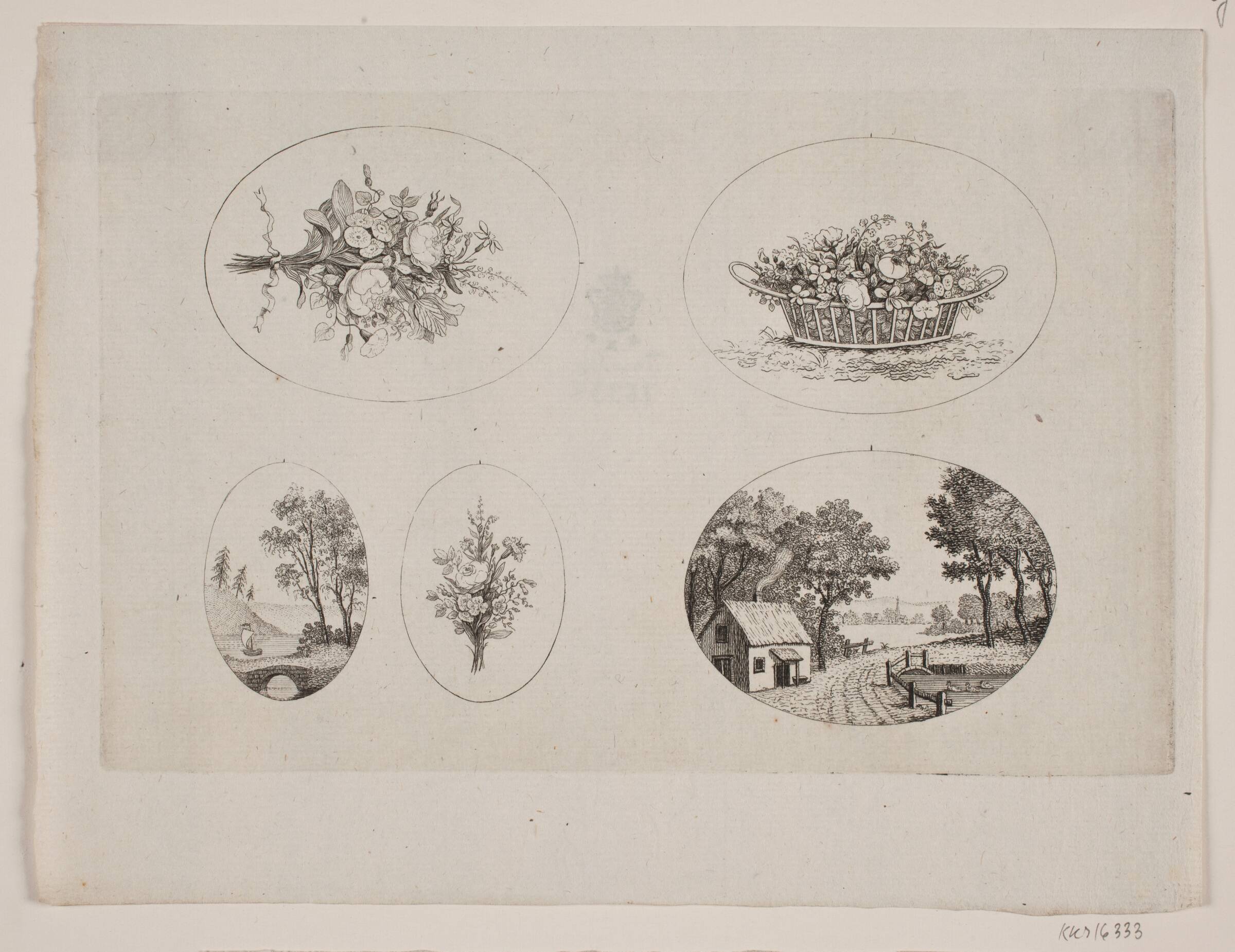 Tavle med fem ovale vignetter med blomster og landskaber, Gerhard Ludvig Lahde, 1765-1833