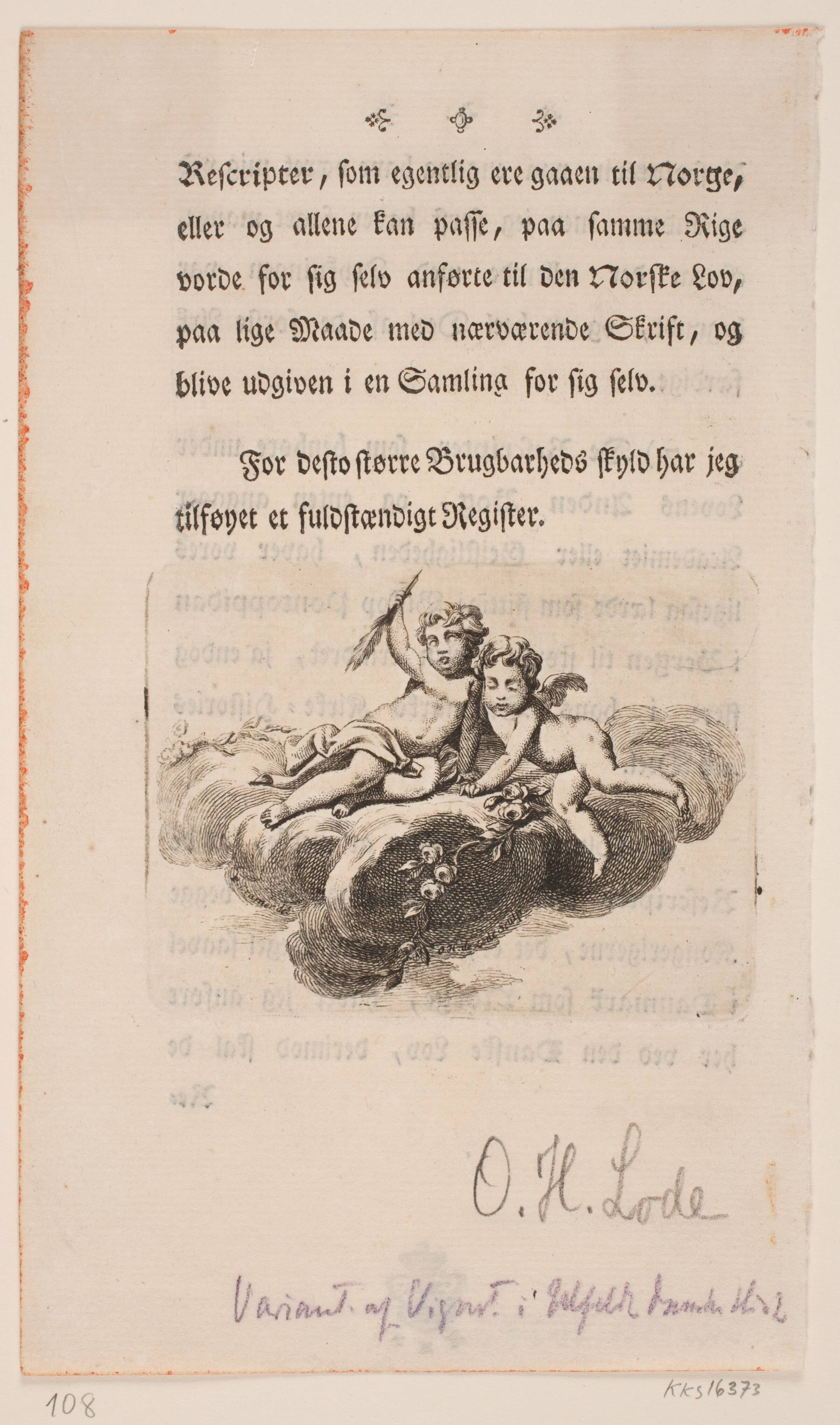 Bogside med Vignet med to Genier, Odvardt Helmoldt de Lode, 1726-1757