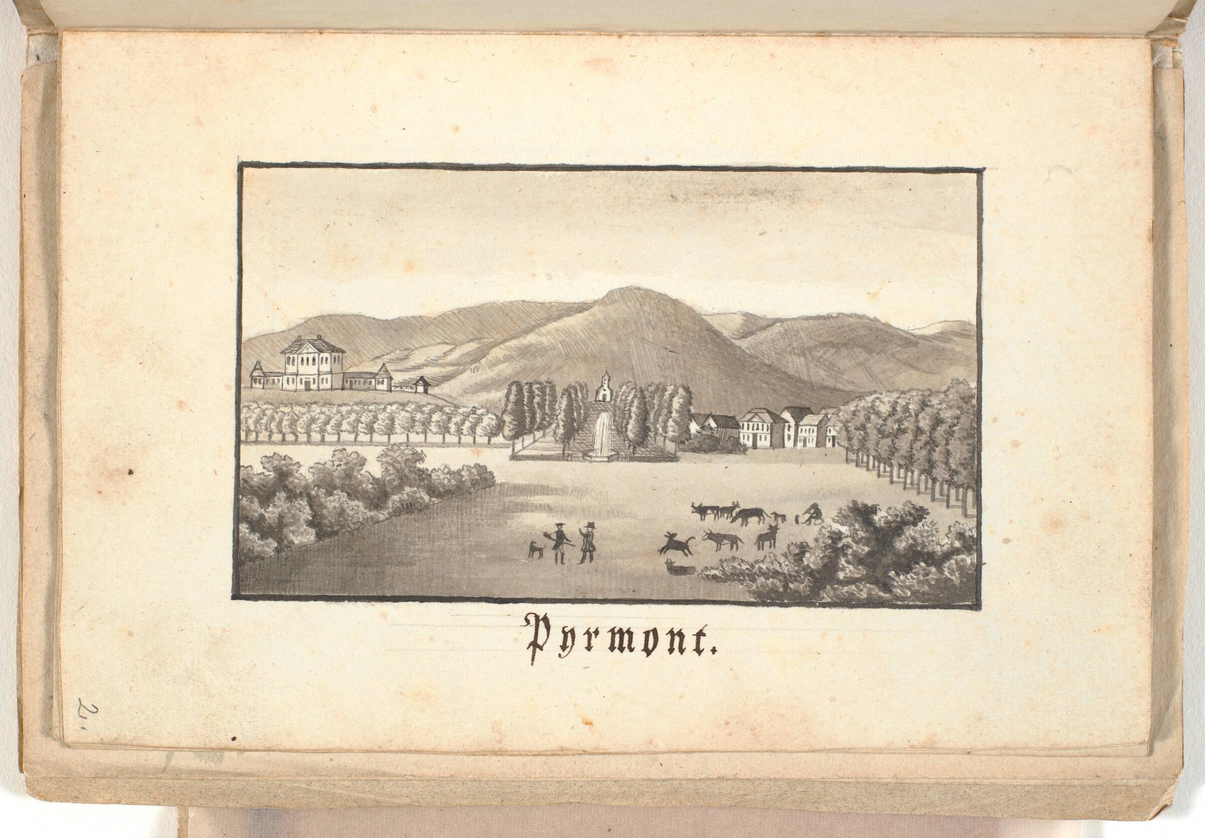 På en plads kranset af træer står to mænd med noget kvæg. I baggrunden ses et lille anlæg med træer, springvand og et lille slot i et kuperet terræn., P.C. Skovgaard, 1828