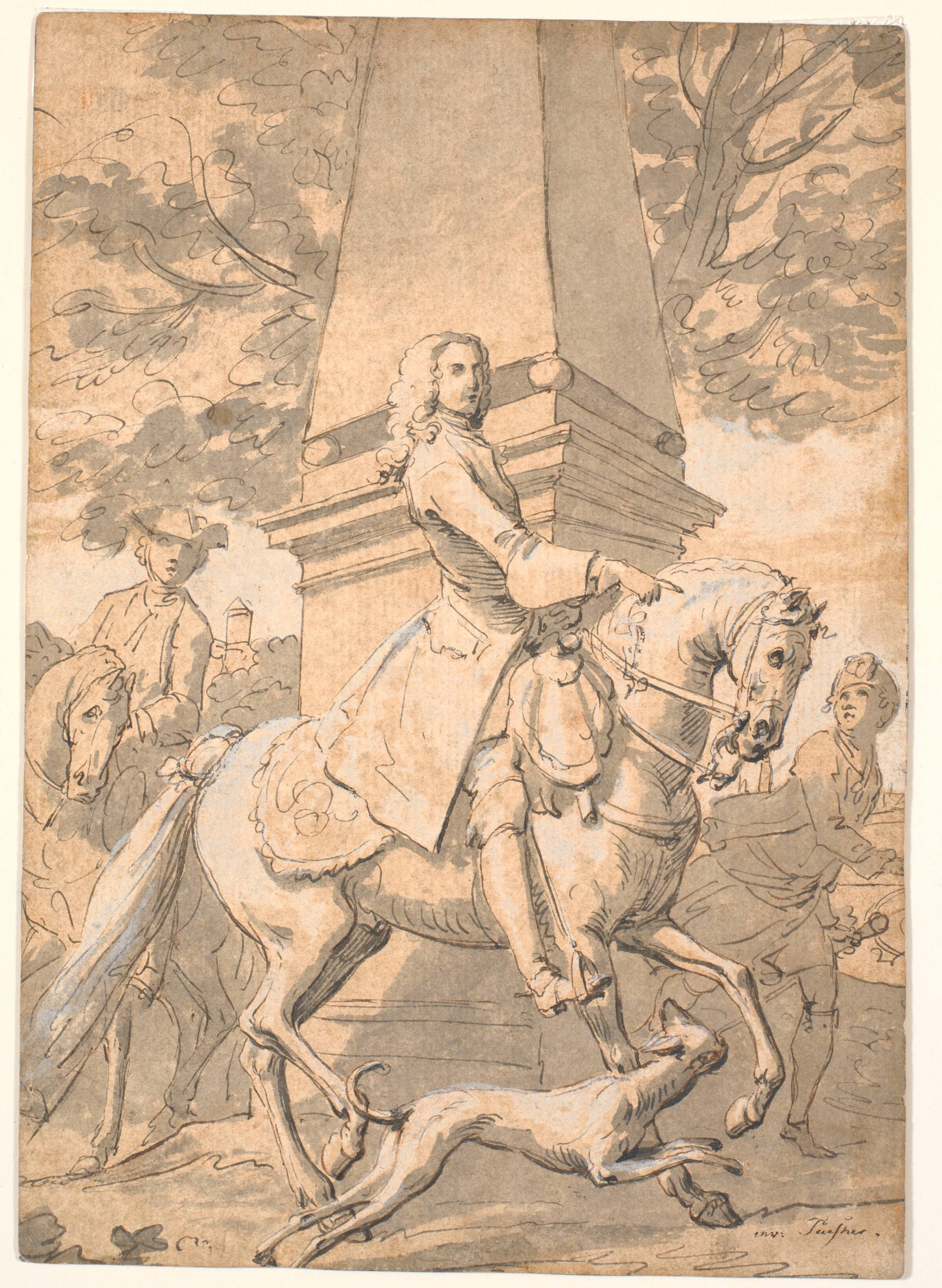 Fornem herre fulgt af tjenere rider forbi et monument, Marcus Tuscher, 1720-1751