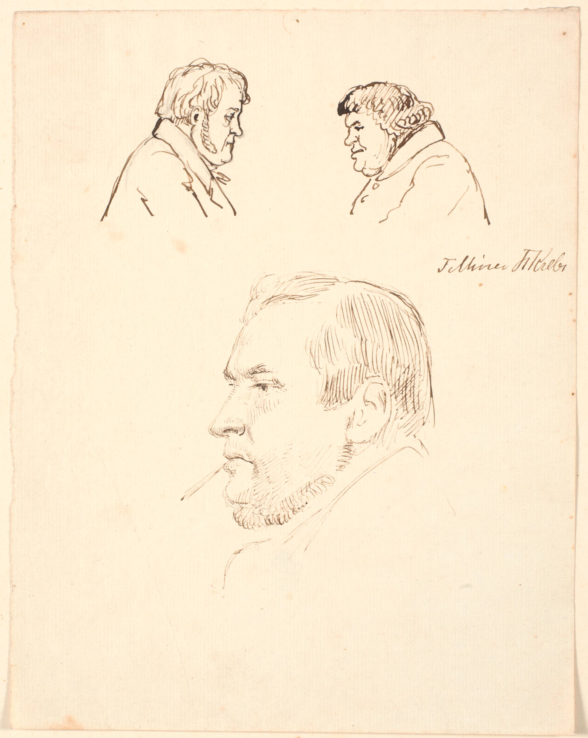 To let karikerede mandshoveder i profil samt forneden et mandsportræt i profil mod venstre., P.C. Skovgaard, 1840-1849