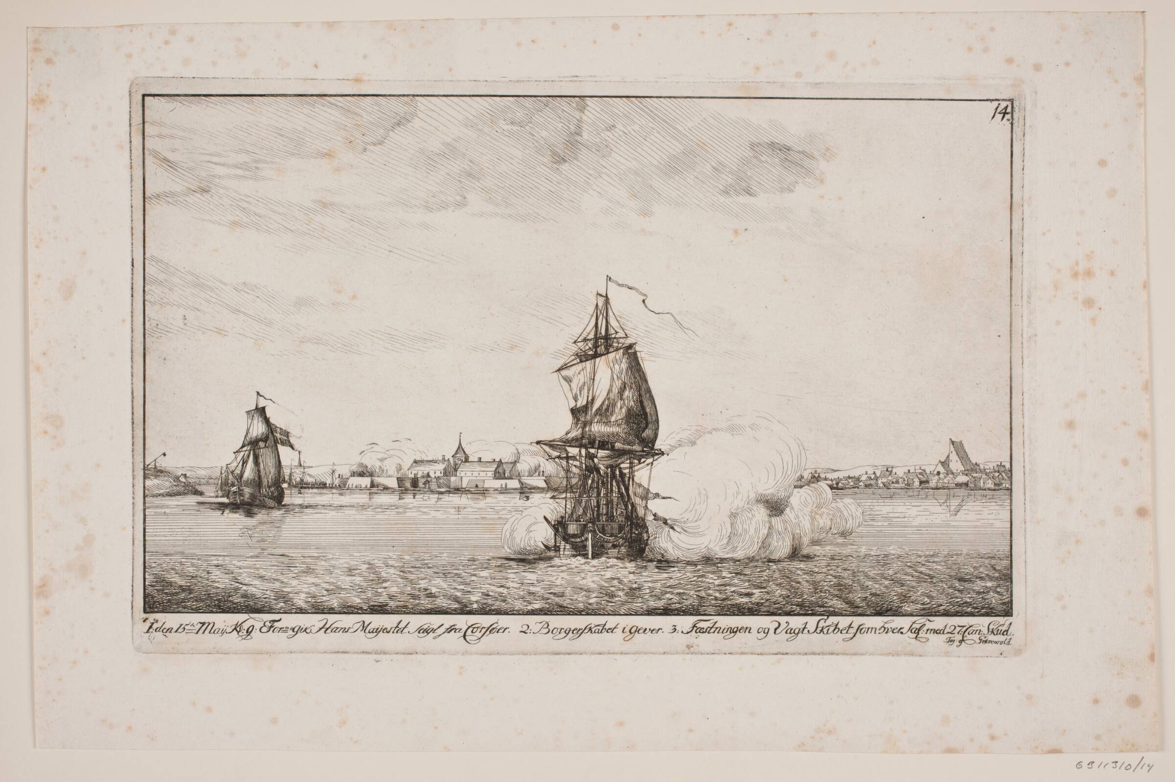 Frederik V står ud fra Korsør, Poul Isac Grønvold, 1749