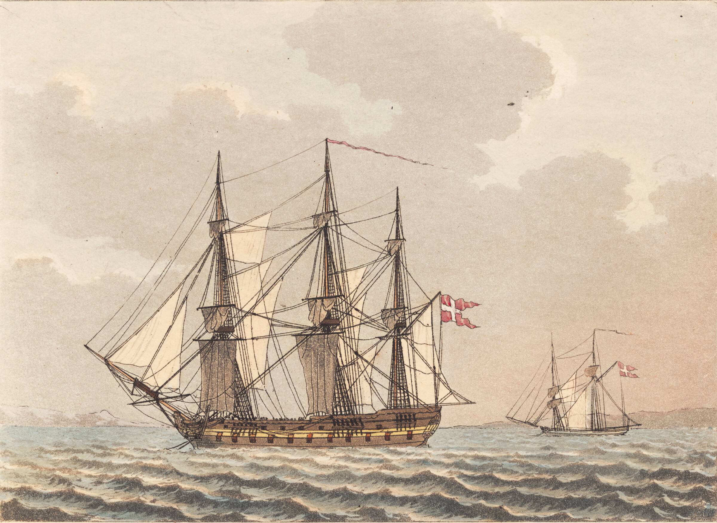 Et dansk orlog skib til ankers, tørende sine skib, Niels Truslew, 1805