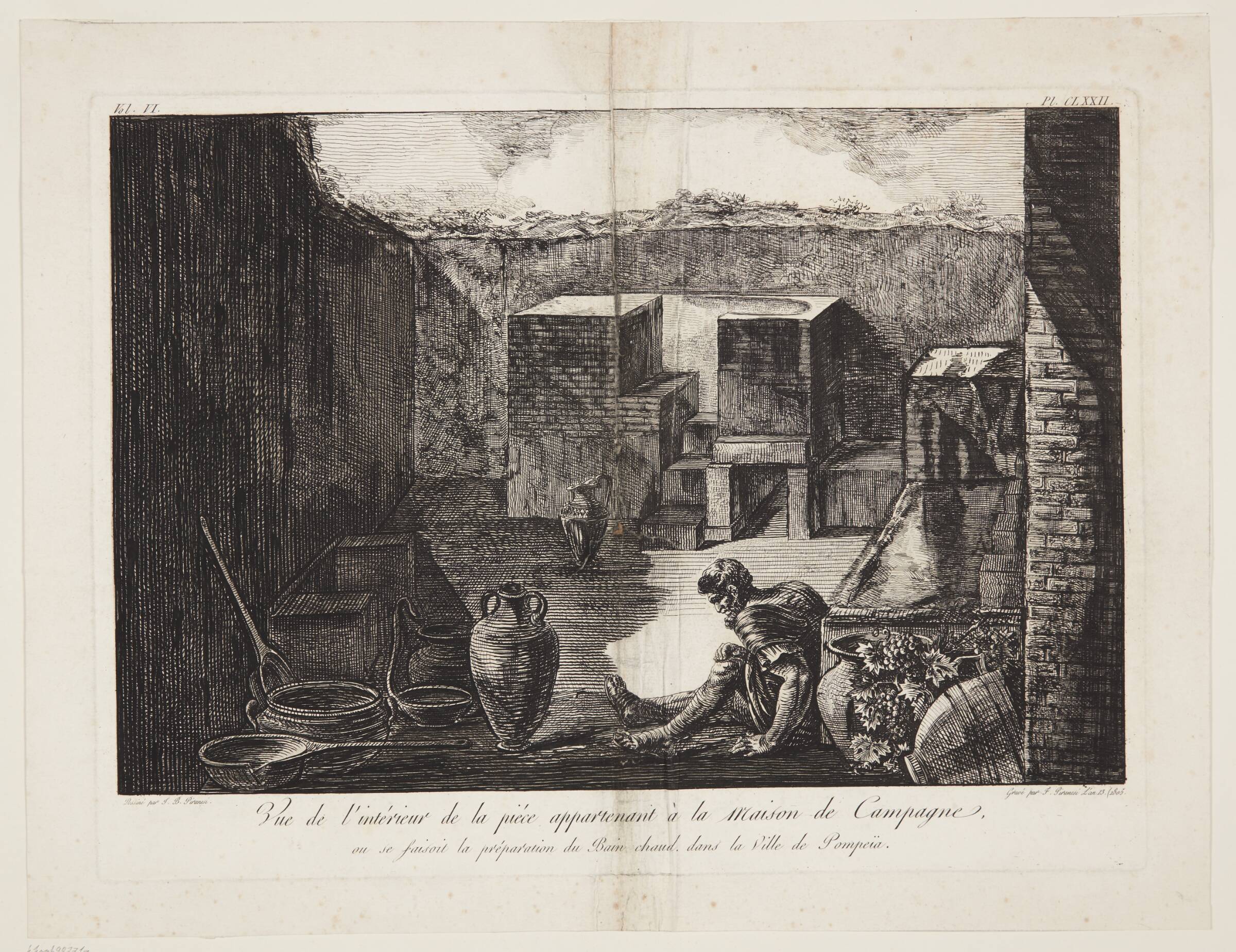 Vue de l'intérieur de la piece appartenant a la maison de Campagne, ou se faisant la préparation du Bain chaud dans la Ville de Pompeiia, Francesco Piranesi, 1805