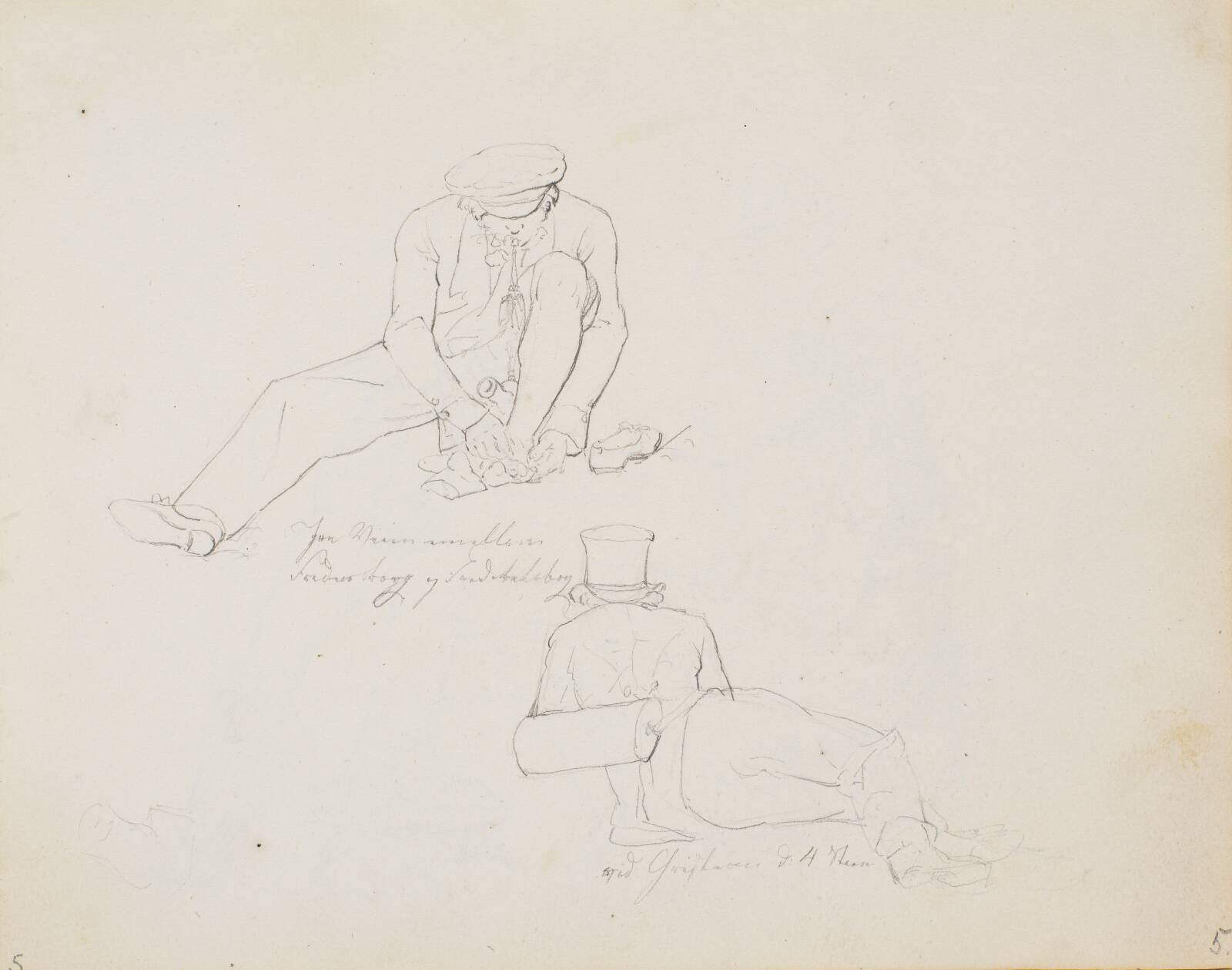 Siddende mand i færd med at pleje sine fødder, betegnet: "Paa Veien imellem Fredensborg og Frederiksborg" og liggende mand med botaniserkasse, betegnet: "ved Christian d:4 Steen", by Wilhelm Bendz, 1825