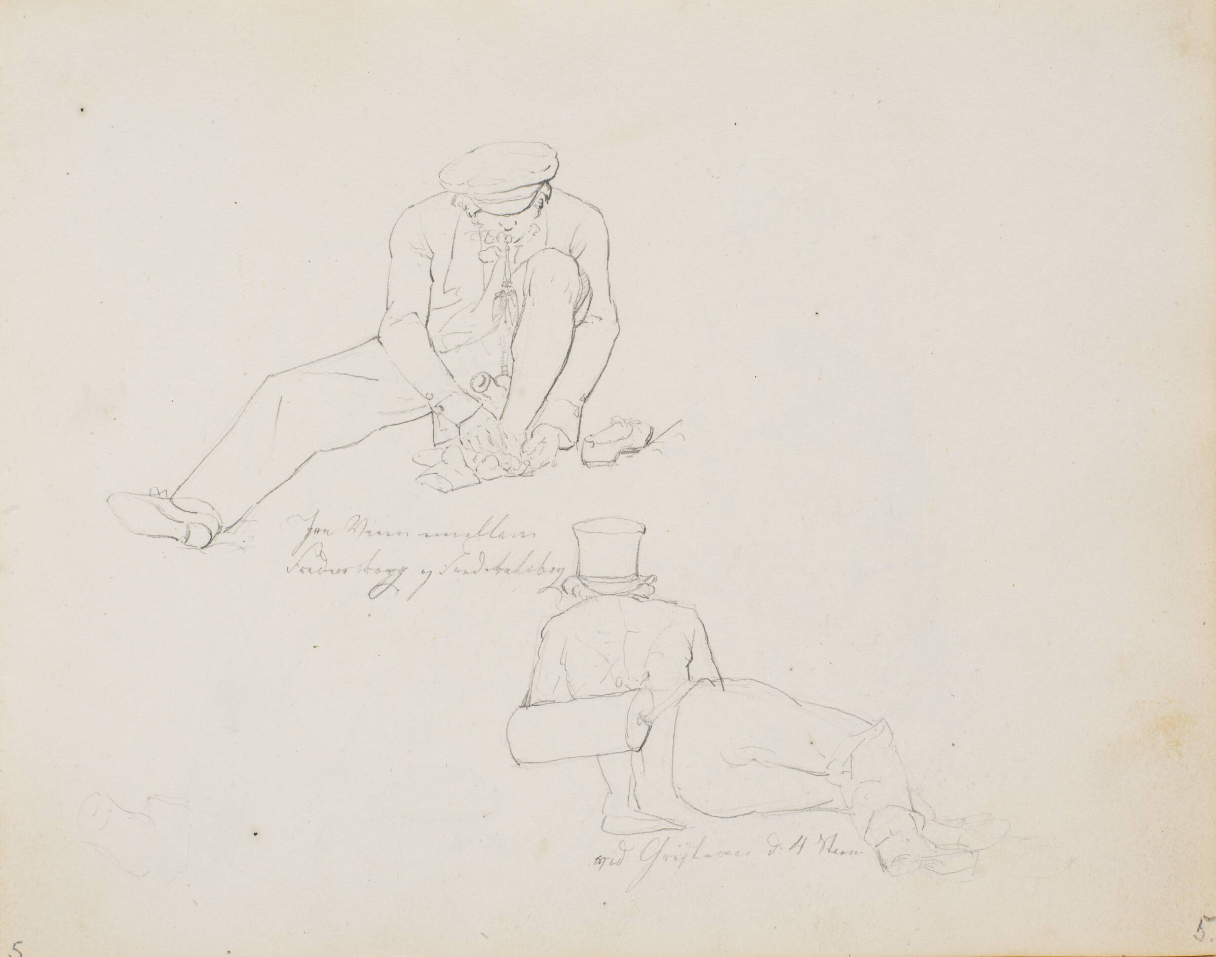 Siddende mand i færd med at pleje sine fødder, betegnet: "Paa Veien imellem Fredensborg og Frederiksborg" og liggende mand med botaniserkasse, betegnet: "ved Christian d:4 Steen", Wilhelm Bendz, 1825