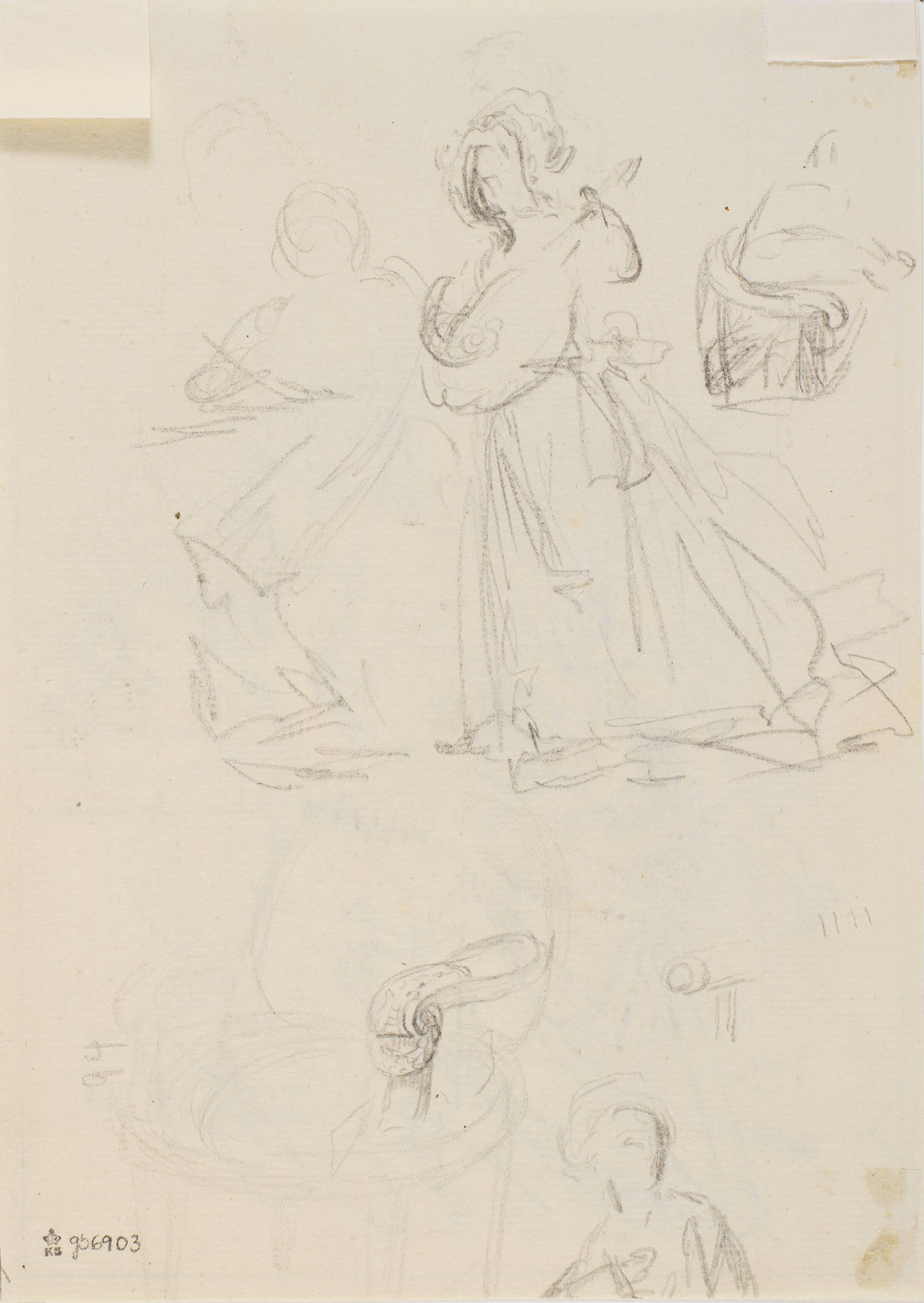 Figurstudier af en stående dame med instrument og en stol, C.A. Lorentzen, 1746-1828