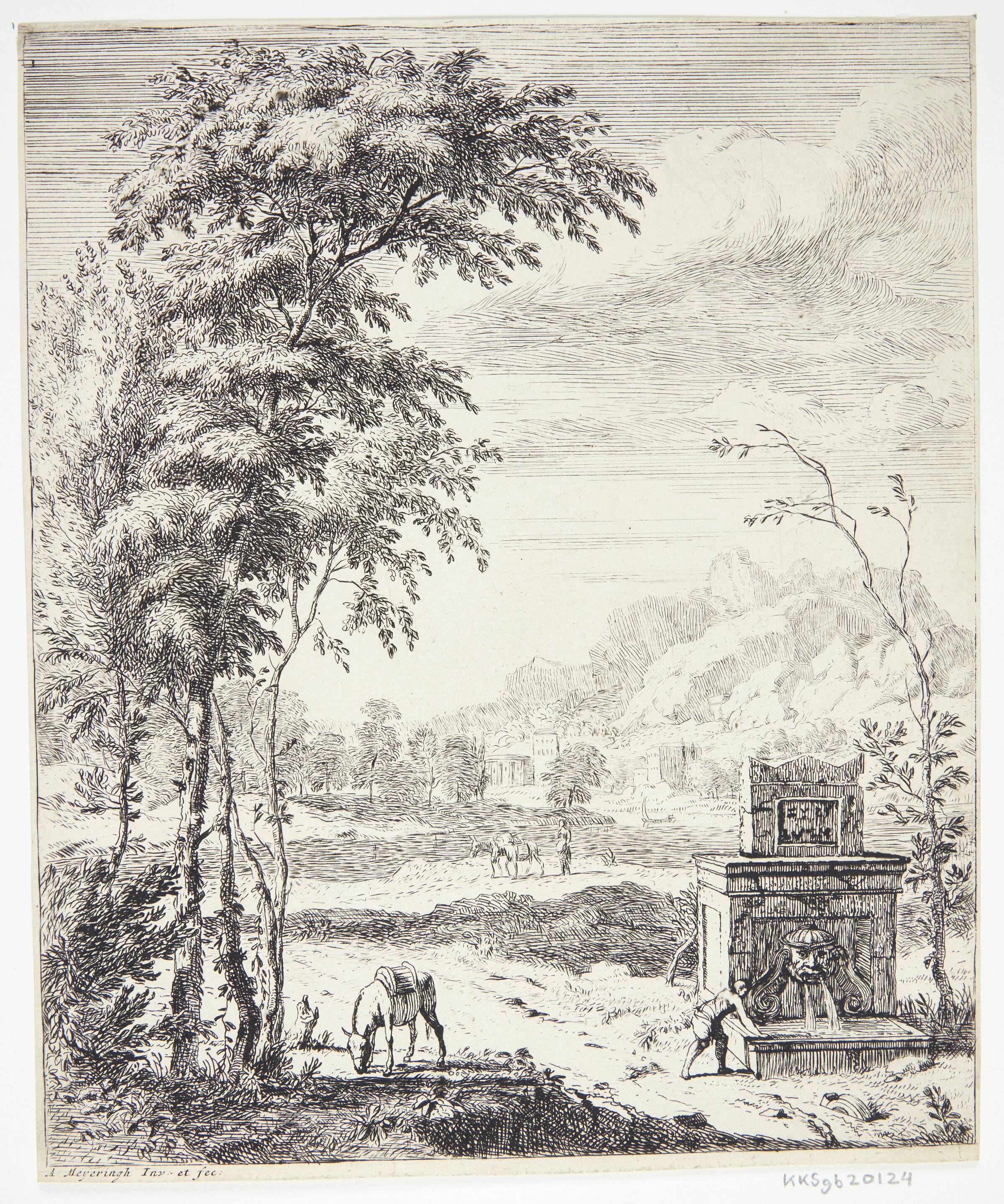 Landskab med en fontæne og et æsel, Albert Meyering, 1645-1714