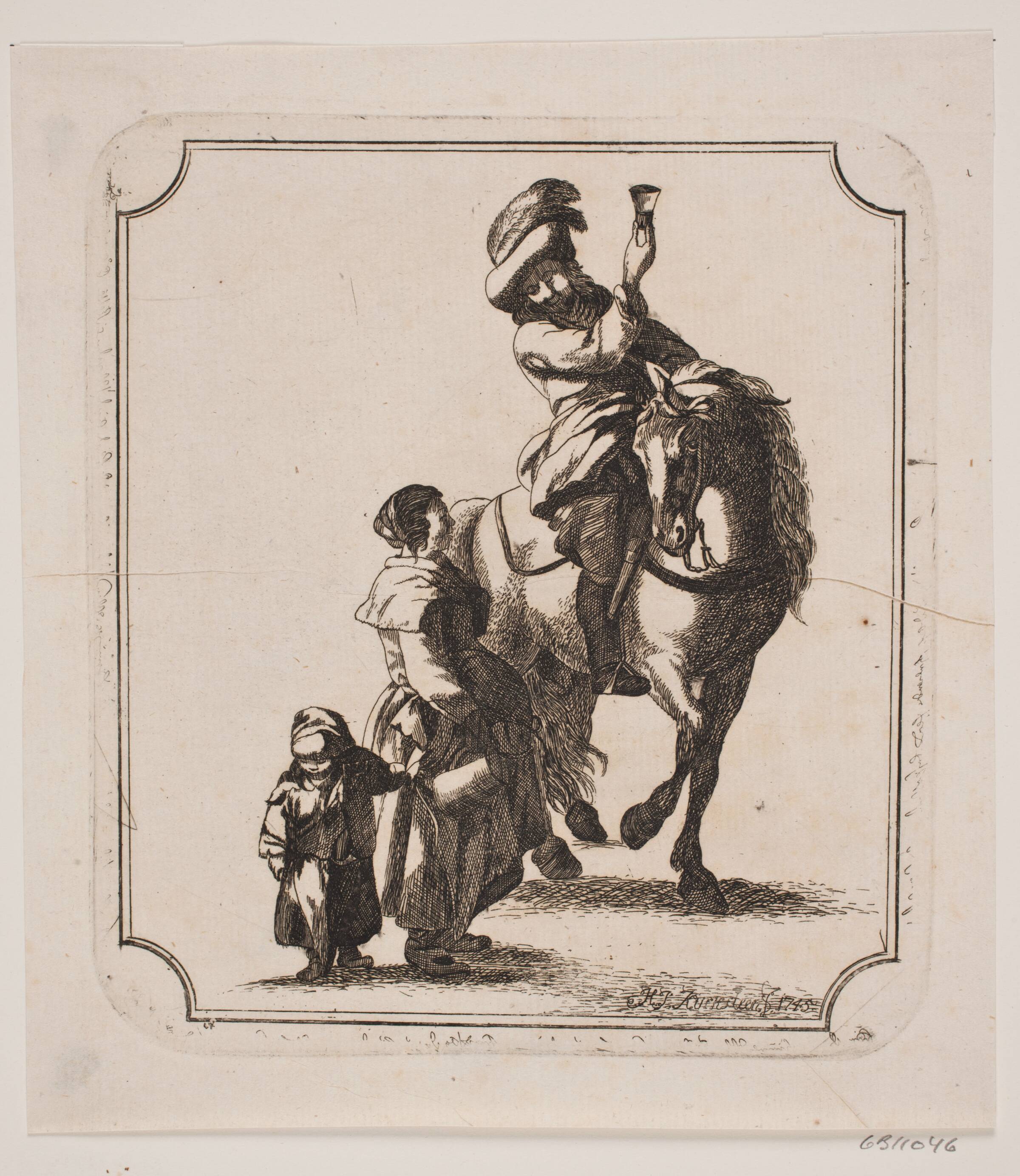 Rytter, der hæver et glas. Forrest en kvinde og et barn, Hans Jørgen Kirksteen, 1745