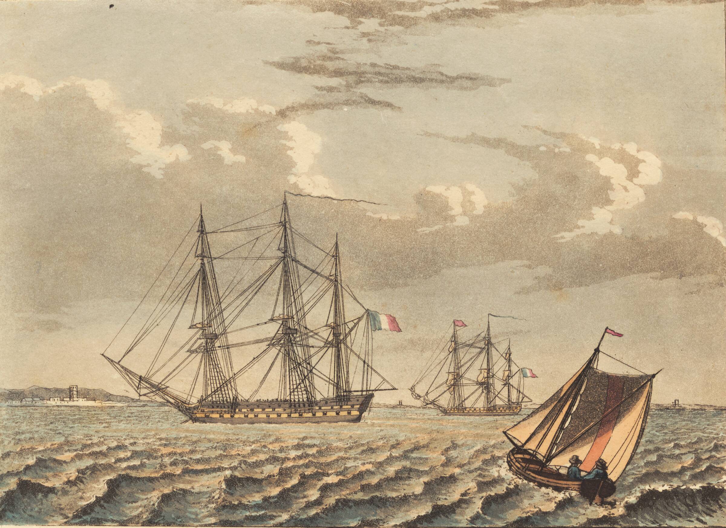 Franske orlog skibe til ankers, og en båd, som krydser, Niels Truslew, 1805
