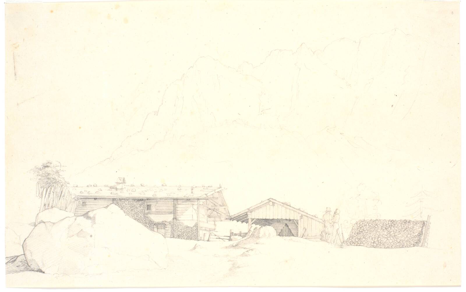 Træhuse. Bjerge i baggrunden, Wilhelm Bendz, 1832