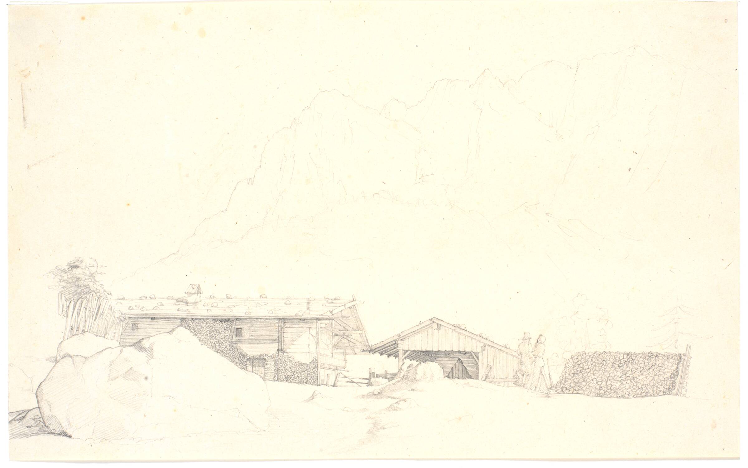 Træhuse. Bjerge i baggrunden, Wilhelm Bendz, 1832