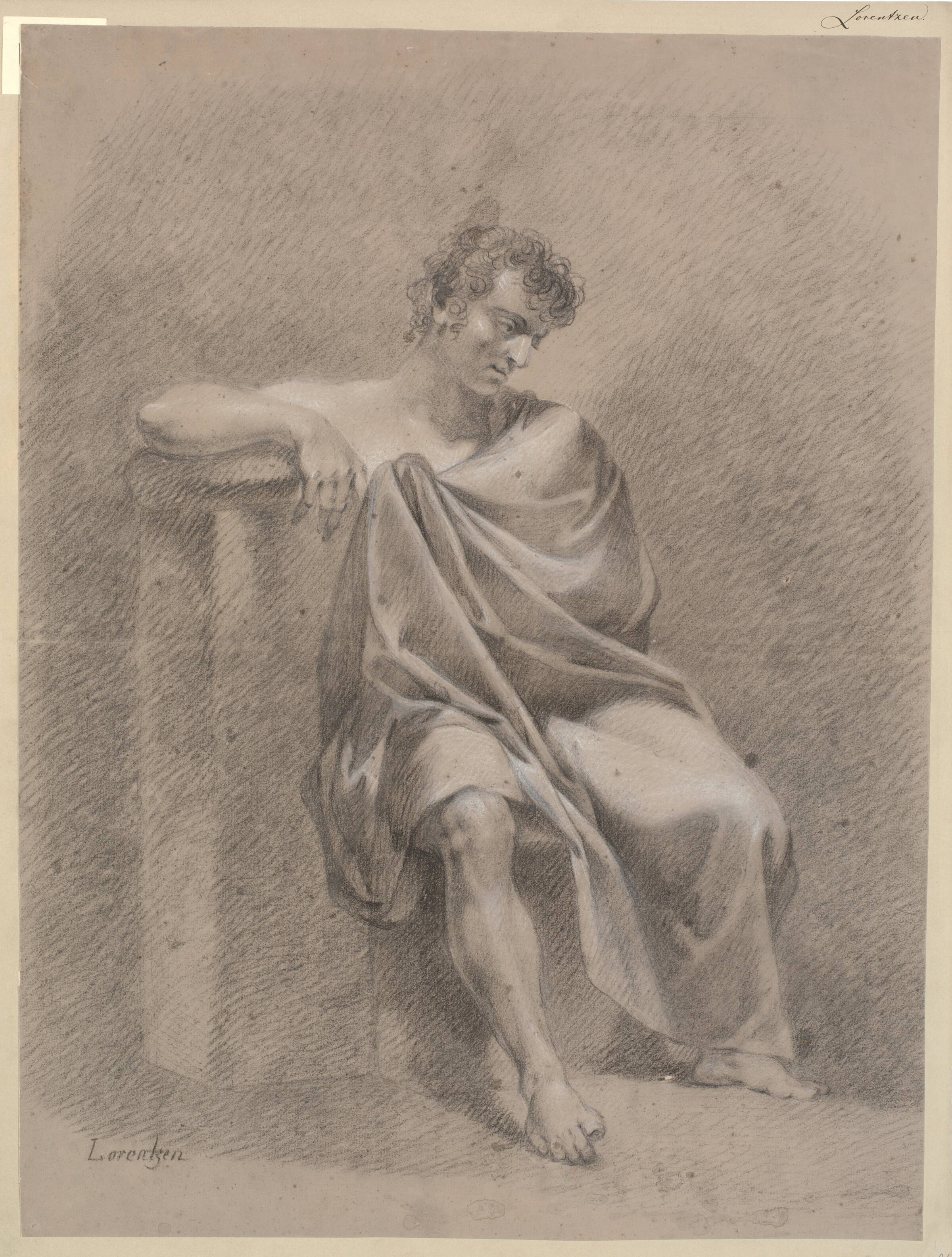 Siddende model i draperi. Siddende på lav plint og hvilende højre arm på høj plint, C.A. Lorentzen, 1746-1828