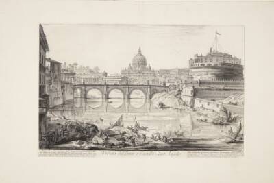 Castel Sant' Angelo-broen med kastellet (Hadrians mausoleum), i forgrunden Tiberen med både og i det fjerne Peterskirkens kuppel