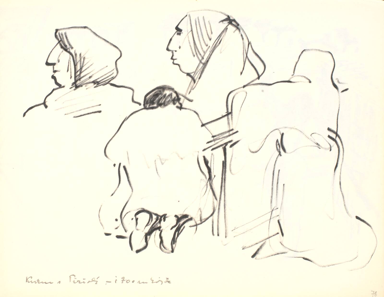 Kirkescene, kvindeprofiler, knælende kvinder, Gottfred Eickhoff, 1952