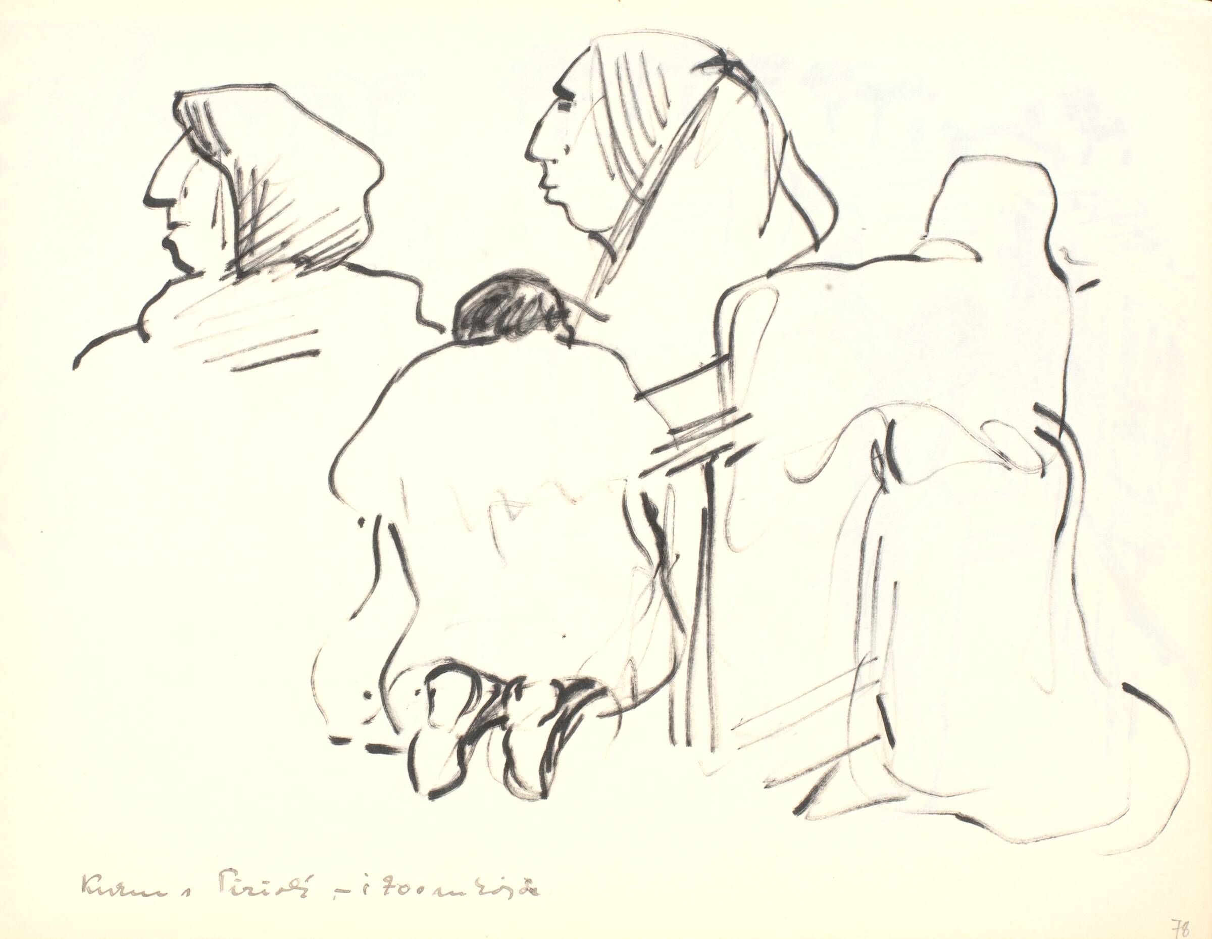 Kirkescene, kvindeprofiler, knælende kvinder, Gottfred Eickhoff, 1952