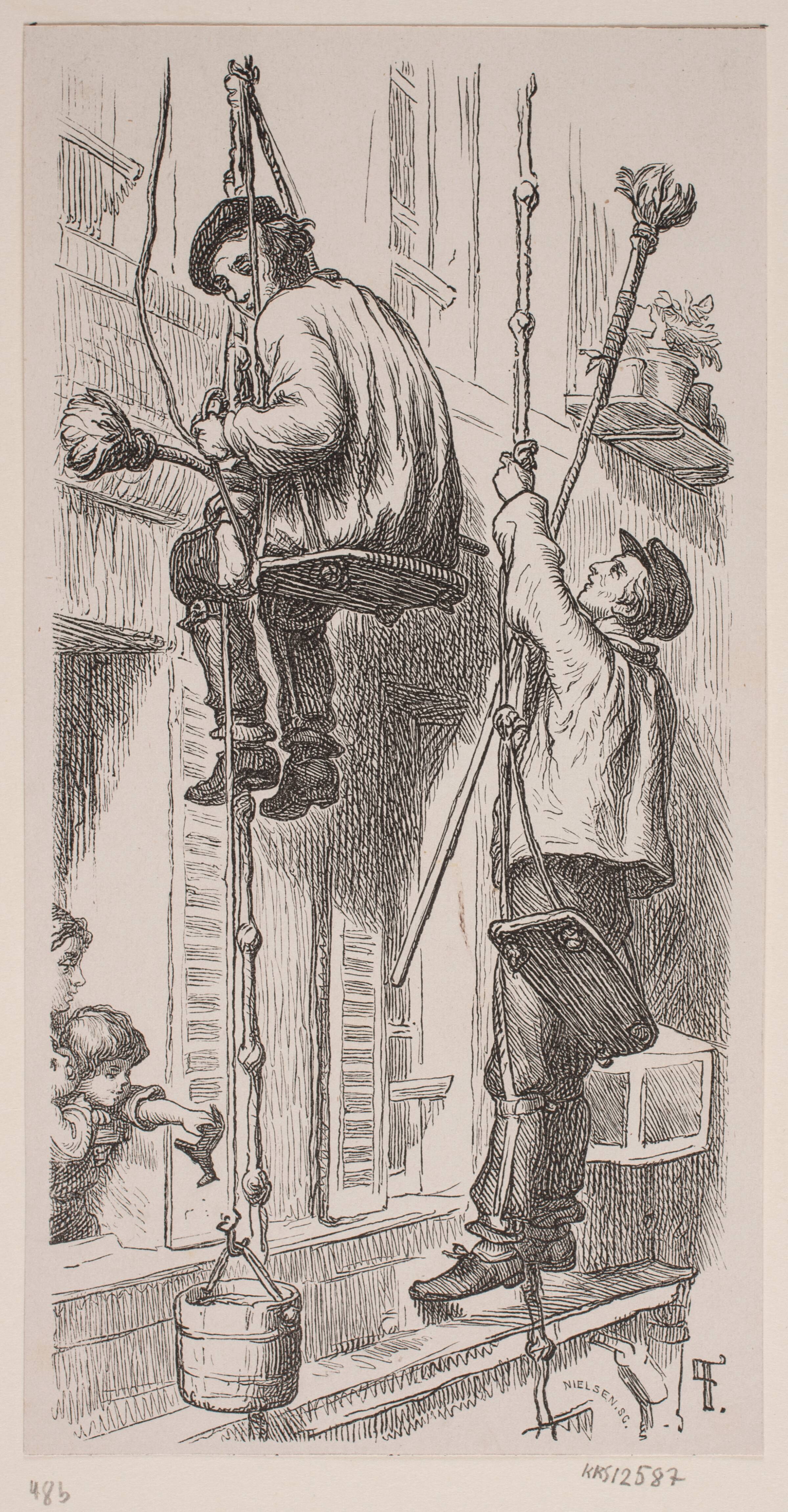 Murerfolk beskæftigede på ydersiden af et hus i Paris, J.C. Nielsen, 1864
