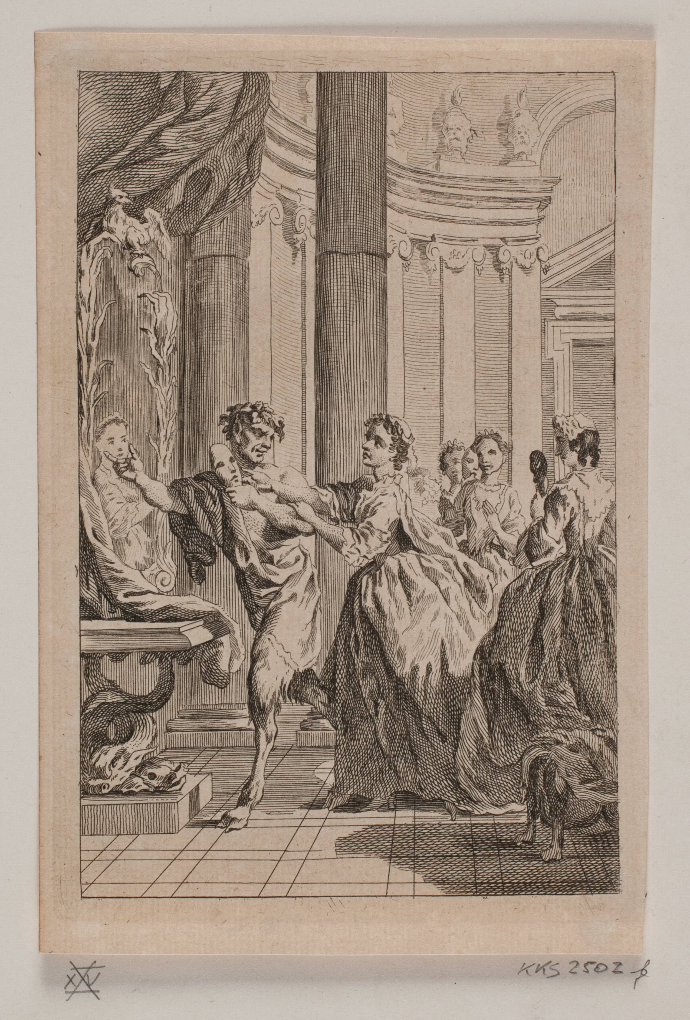 Faun med en håndmaske, der forfølges af en kvinde, Hans Quist, 1760