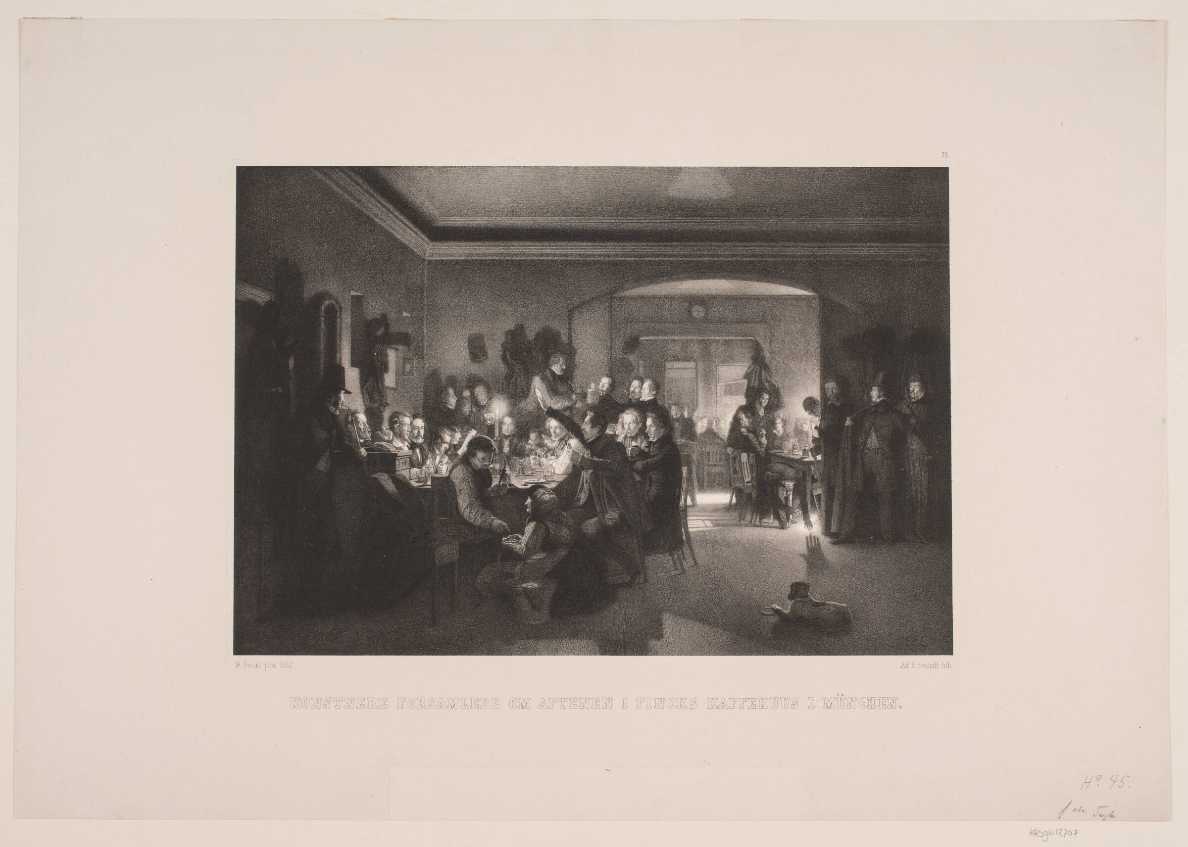 Kunstnere forsamlede om aftenen i Finchs kaffehus i München, Adolph Kittendorff, 1832-1901