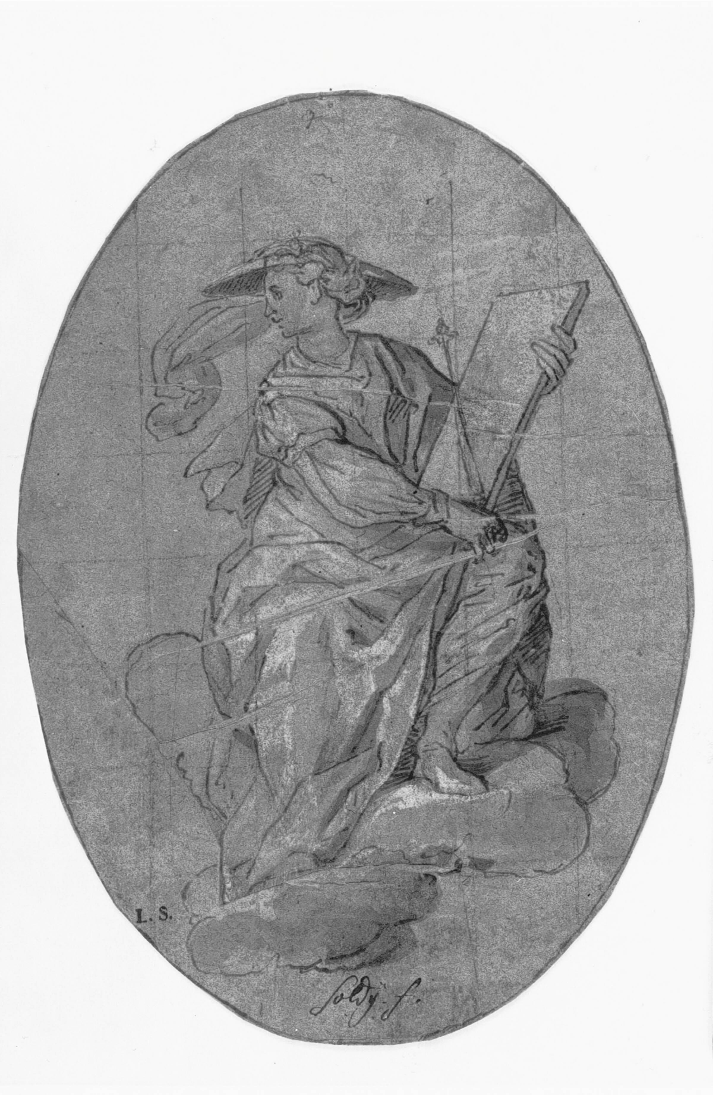 Kvinde hat og med scepter og tavle siddende på en sky, Lazzaro Tavarone, 1556-1641