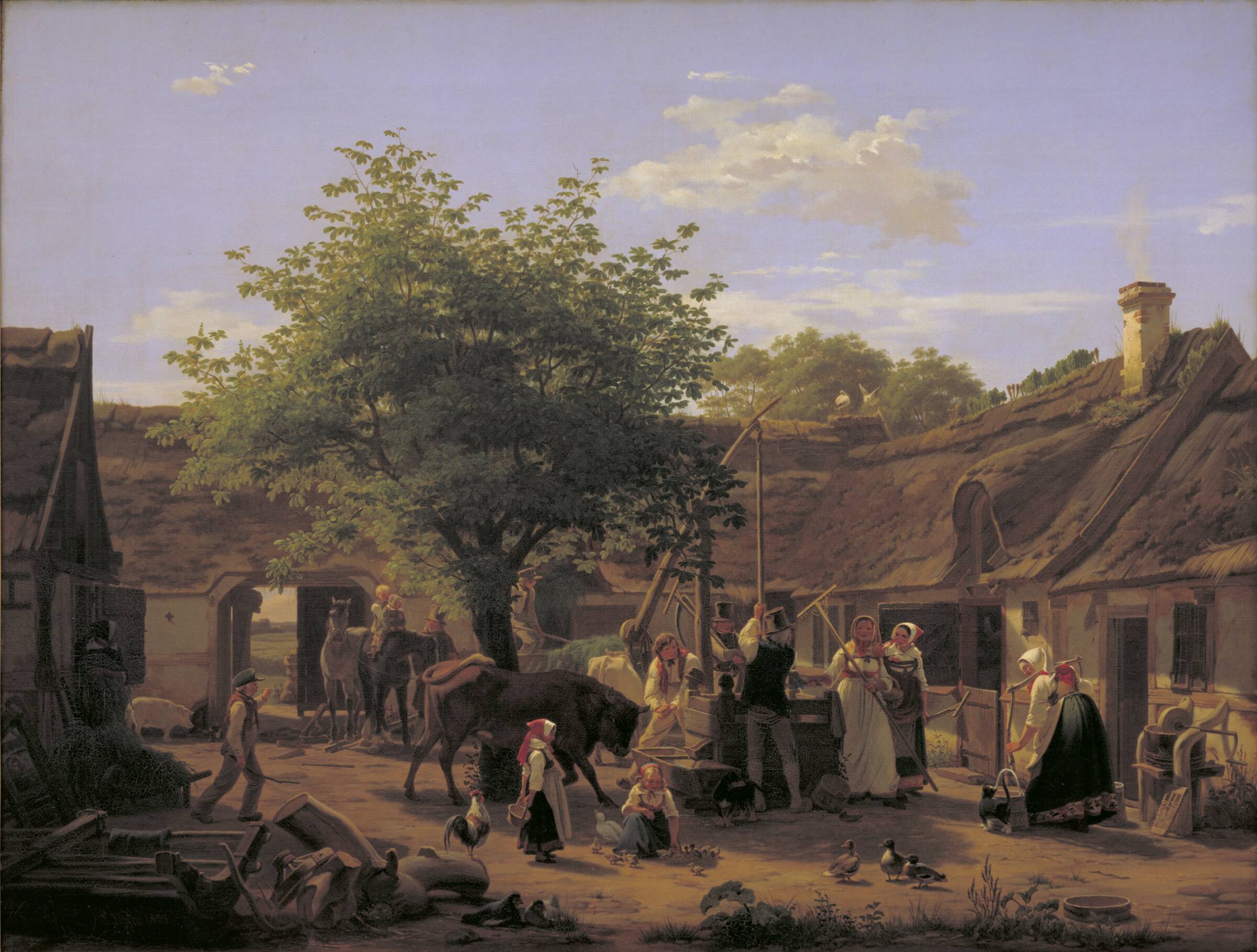 Billede af livet i en sjællandsk bondegård ved middagstid, Peter Julius Larsen, 1852