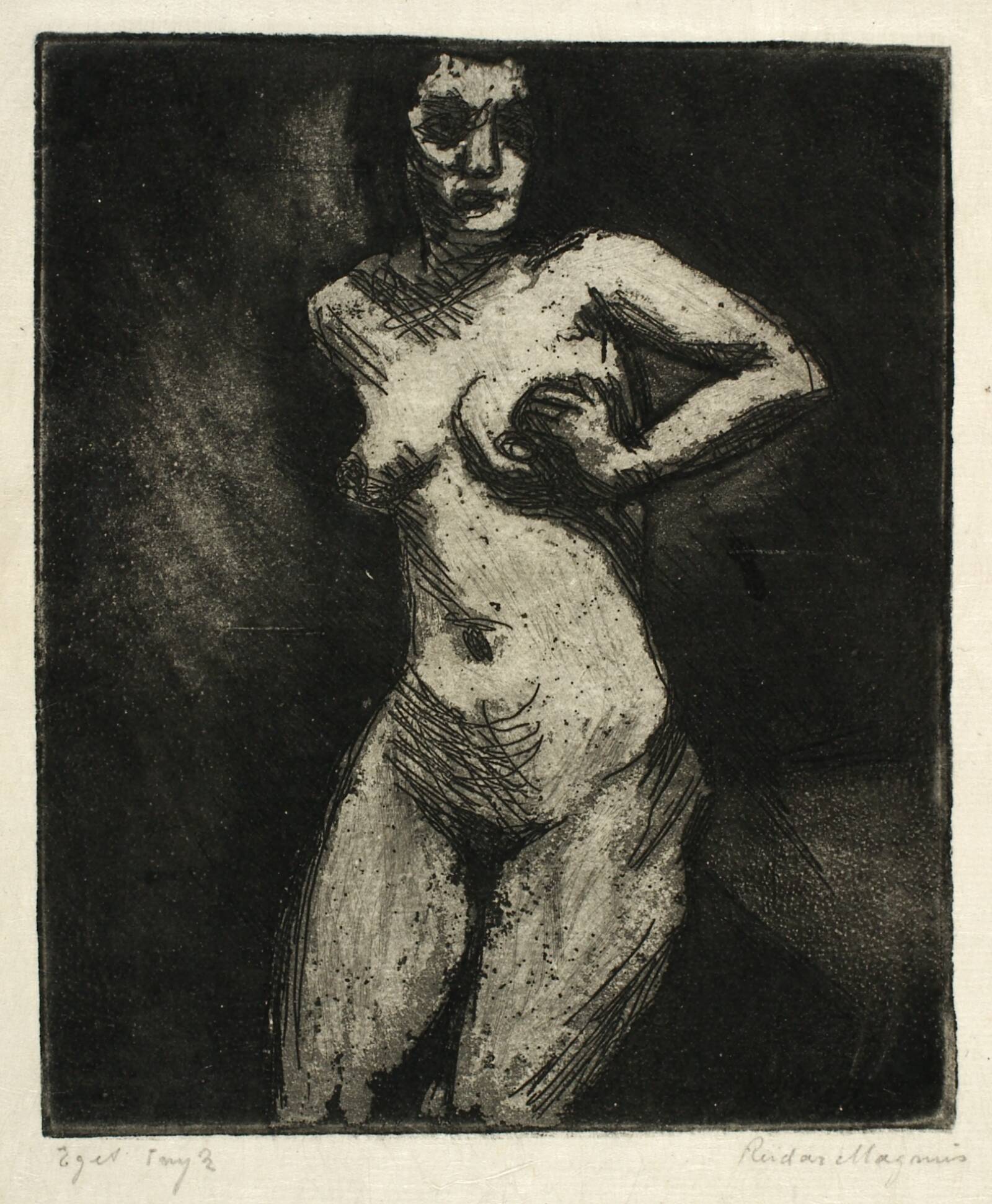 Stående kvindelig model ved bord, Reidar Magnus, 1932