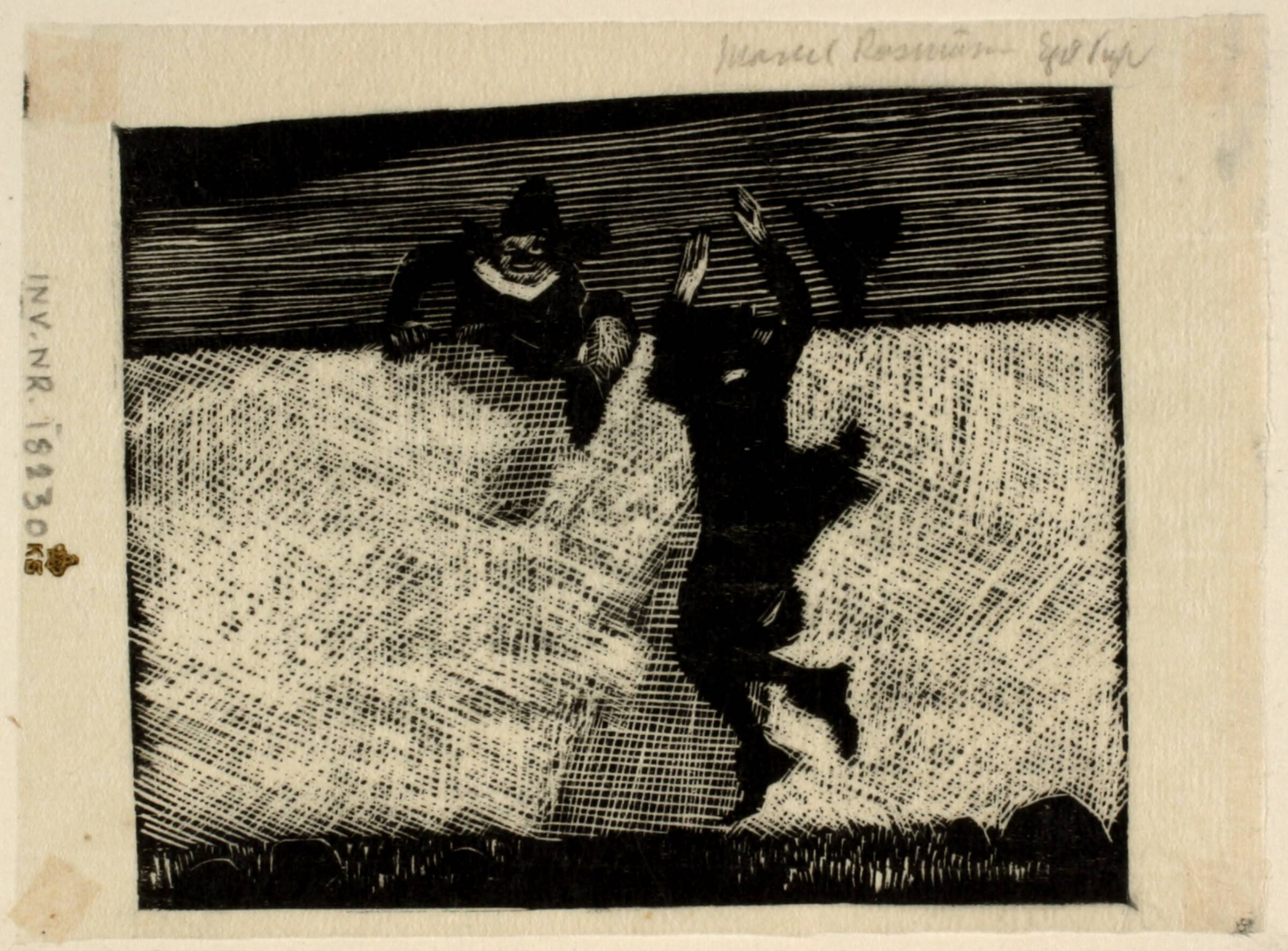 "Skinhellig" og "Hykler" klatrer over muren ved den snævre vej, Marcel Rasmussen, 1948