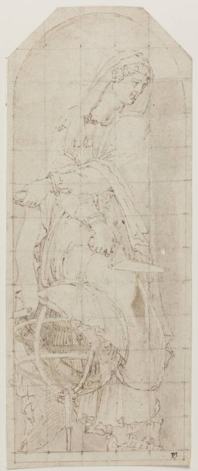 En kvinde med et skriftbånd i venstre og en murske i højre hånd, lænende sig til en himmelglobus