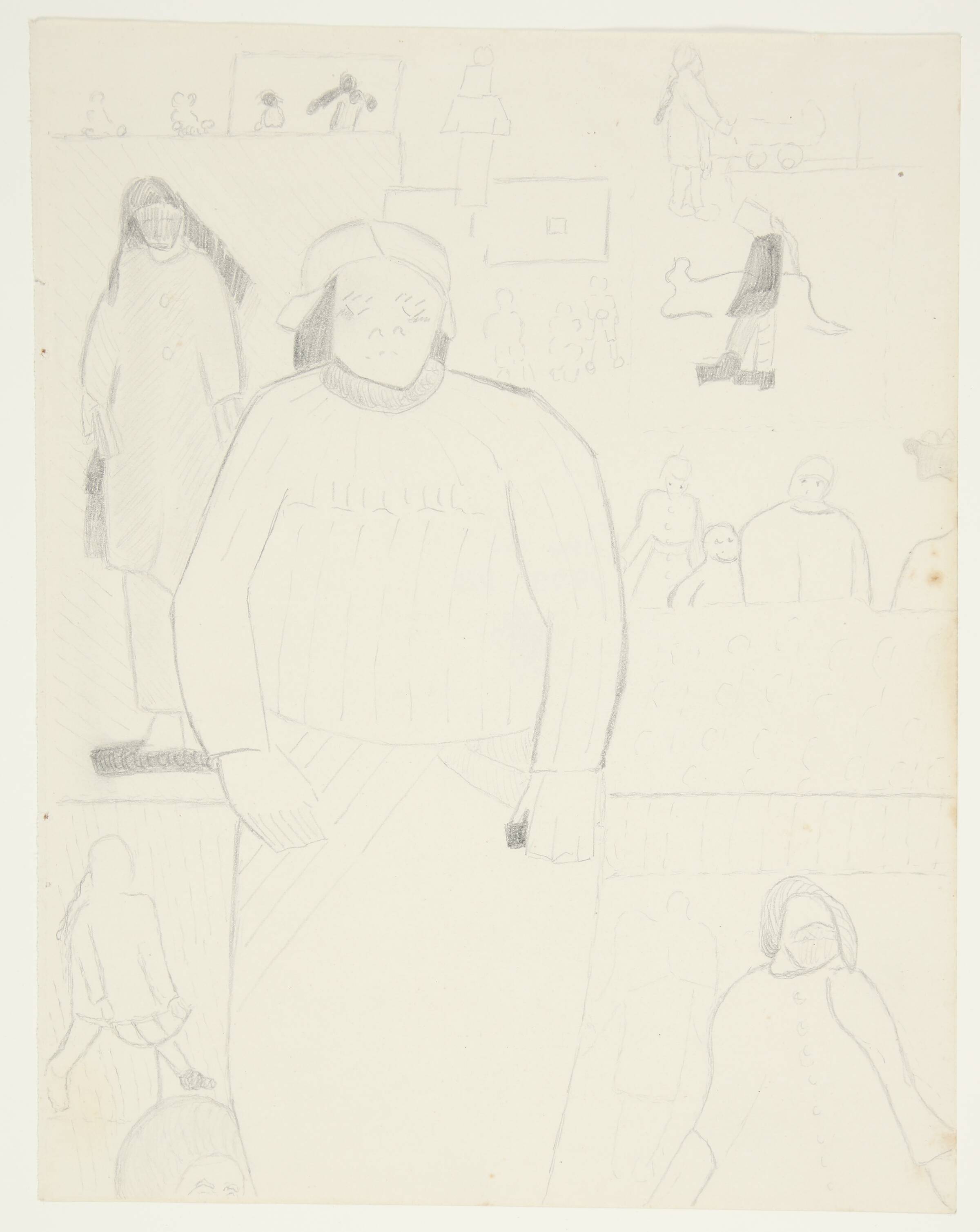 Komposition med mange figurer, stor dame i forgrunden, Else Fischer-Hansen, 1934-1935
