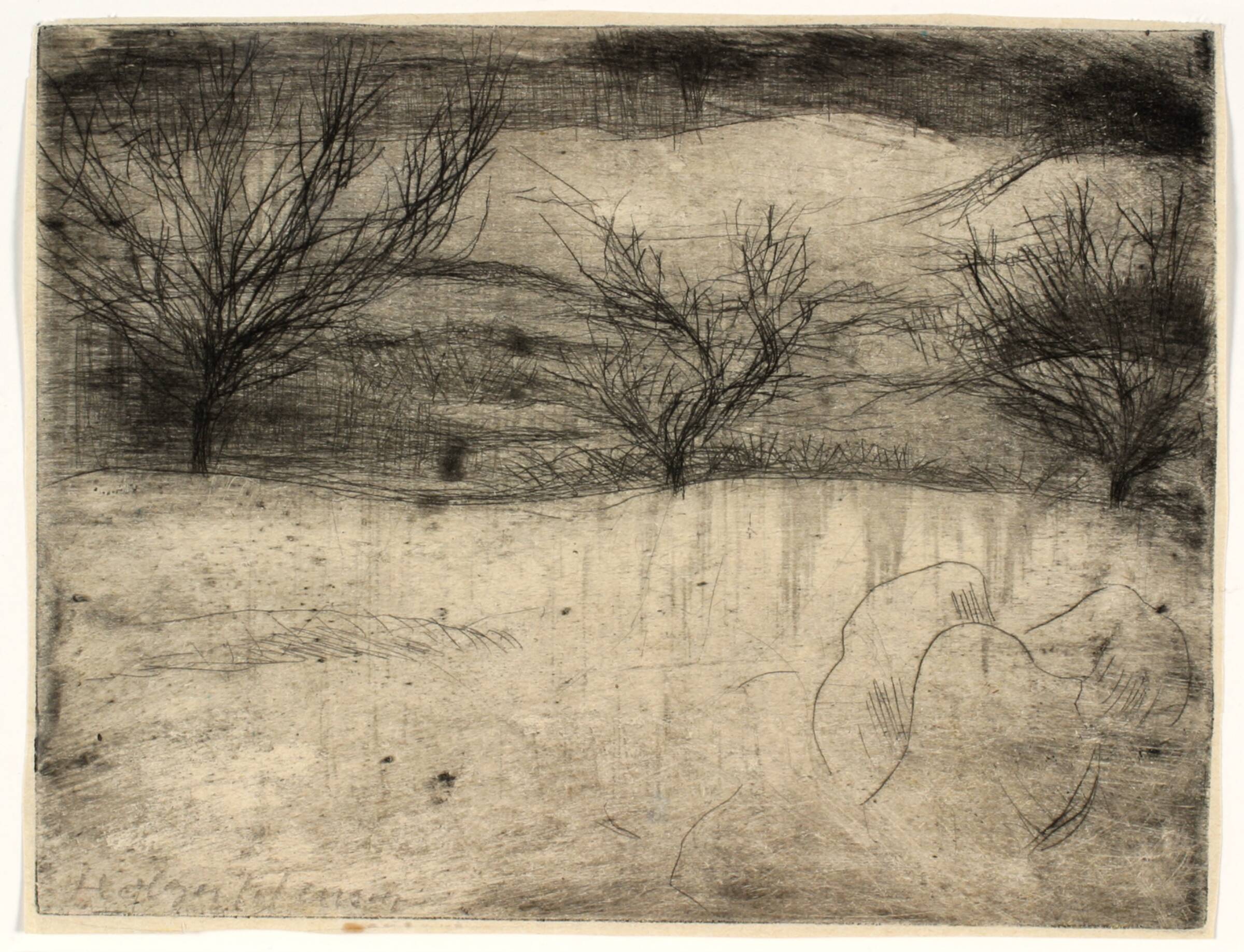 Snelandskab med tre nøgne træer, Holger J. Jensen, 1900-1966