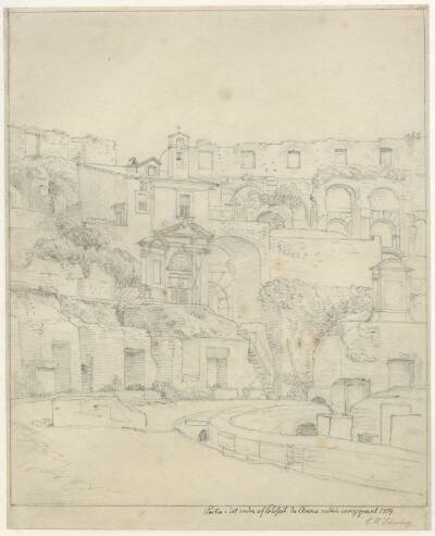 Parti af det indre Colosseum da arenaen endnu var opgravet. Arenaens sydøstlige del med kapellet og hovedingangen.