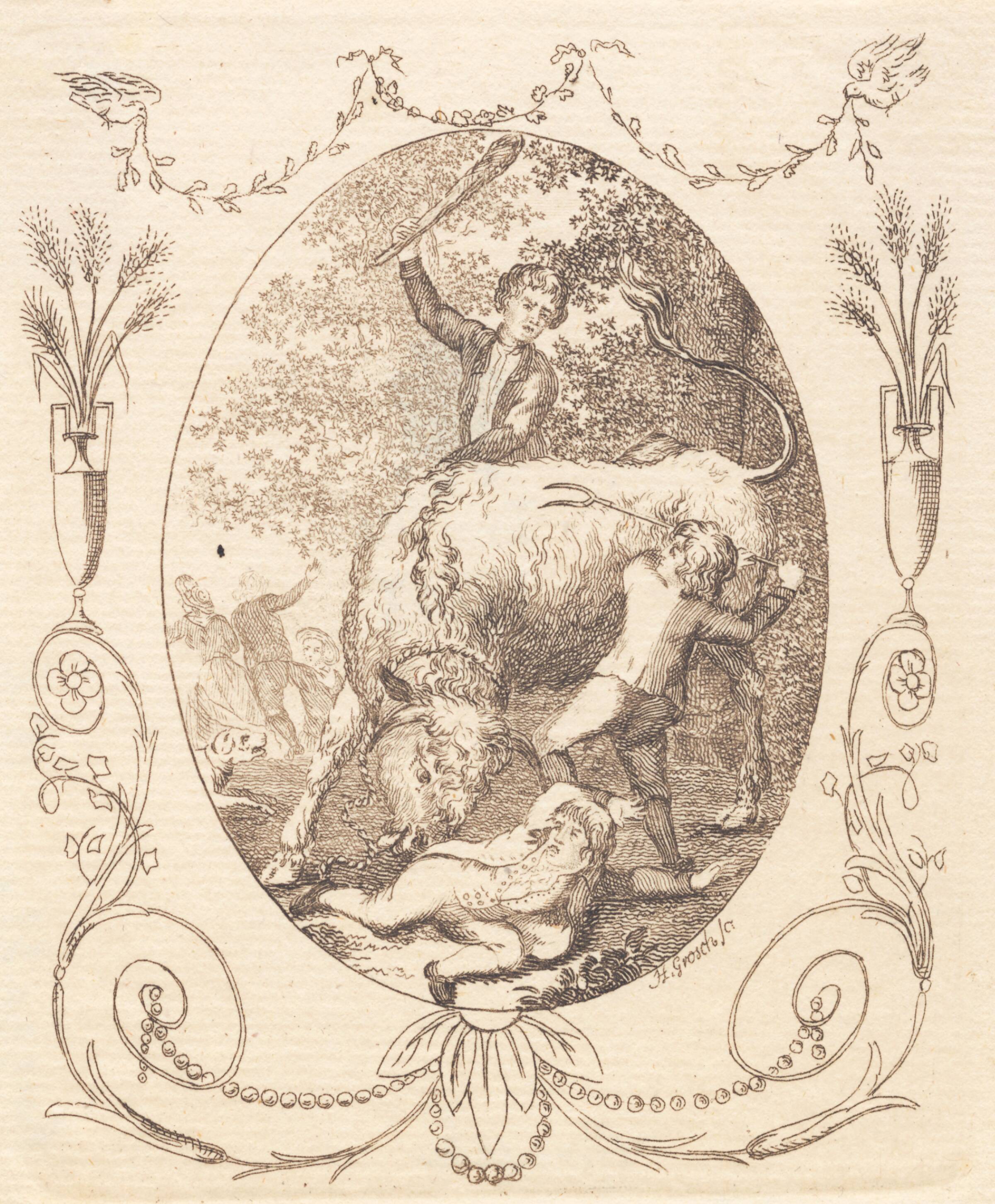 En tyr stanger efter en liggende dreng, som to kammerater søger at hjælpe, Heinrich Grosch, 1763-1843