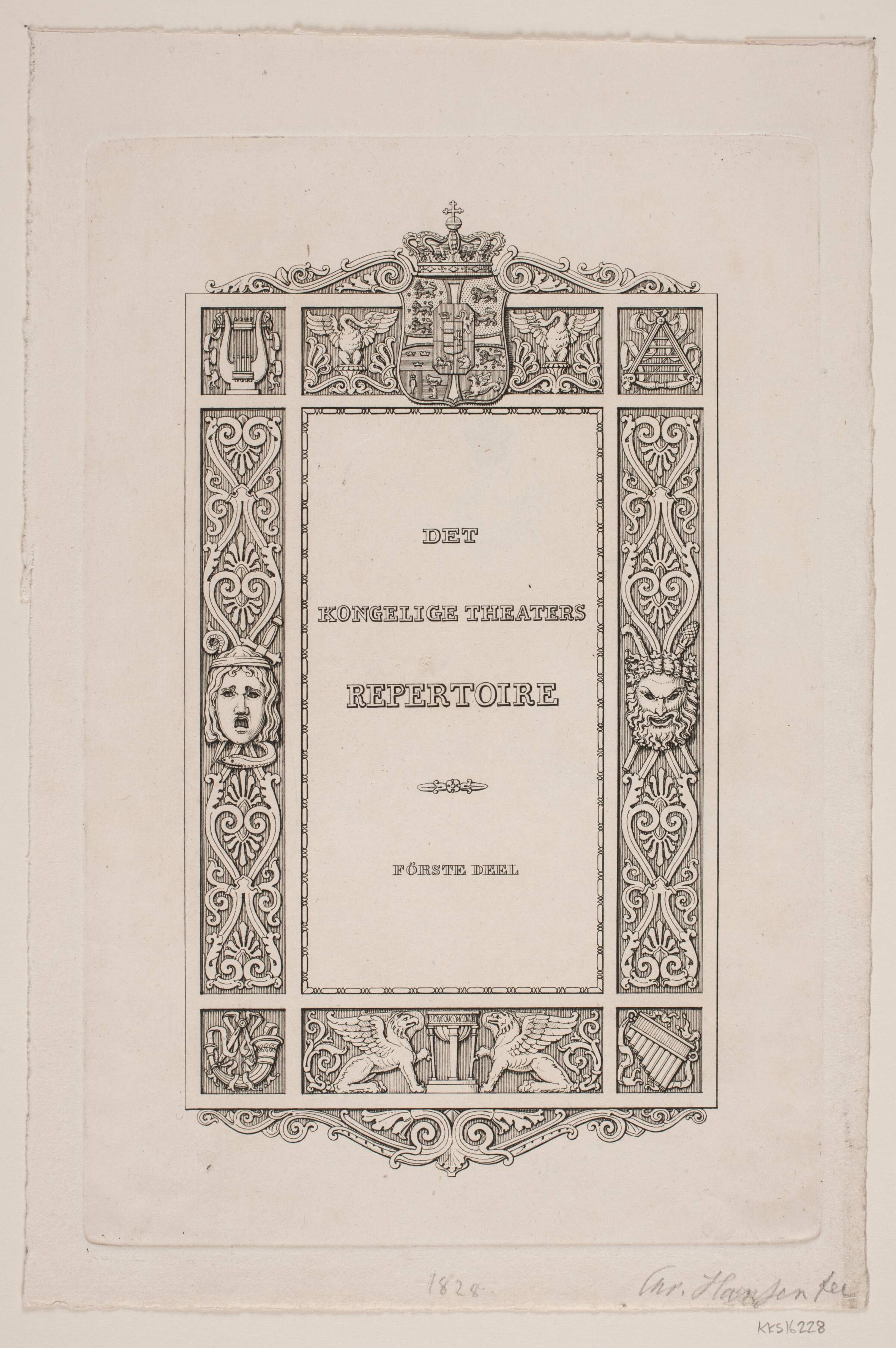 Titelblad til Det Kongelige Teaters Repertoire, Hans Christian Hansen, 1828