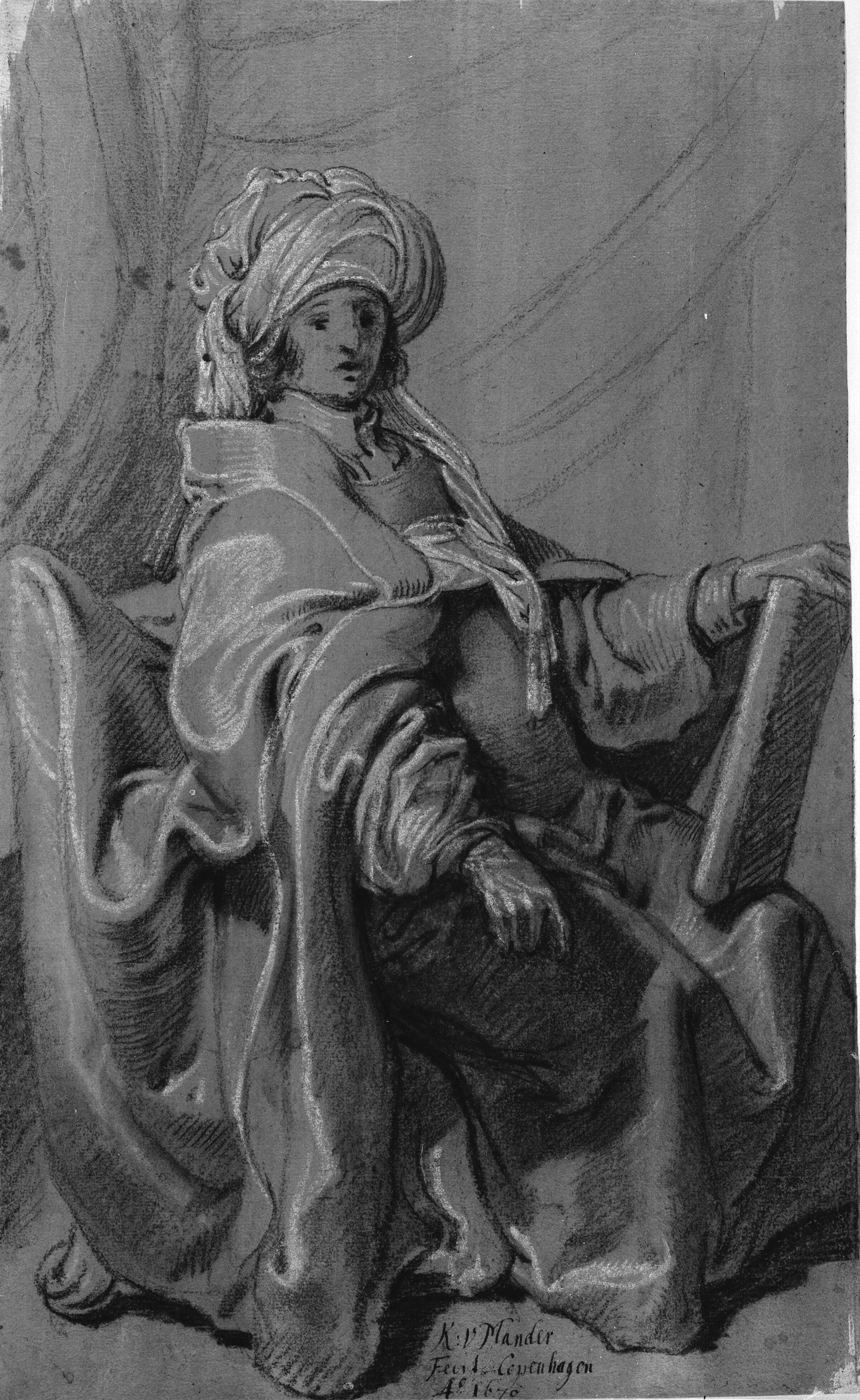 Siddende figur i kappe og turban, holdende en bog. Vendt mod højre., Mander III, Karel van, 1668-1671
