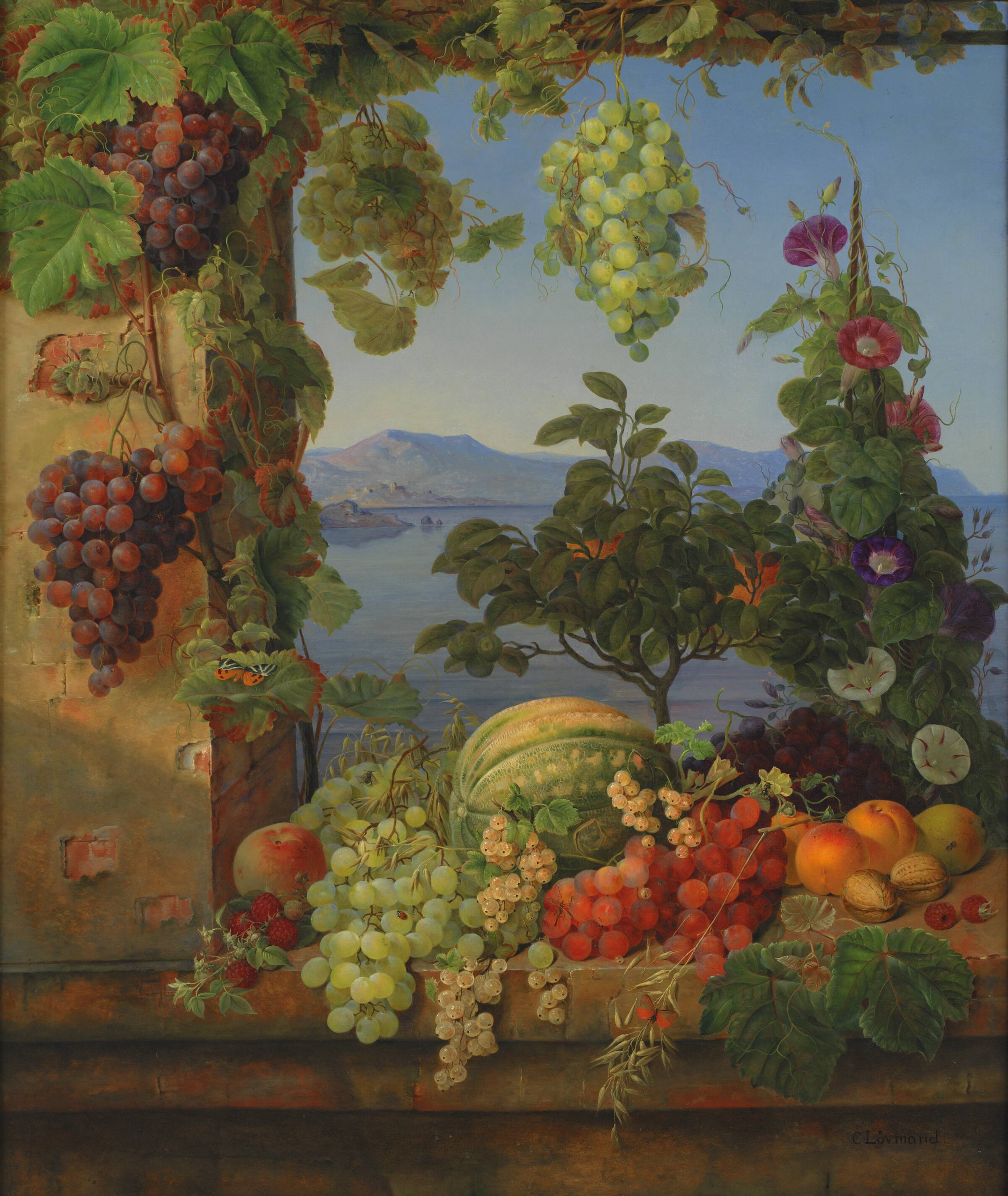 Frugter i et italiensk landskab, Christine Løvmand, 1842-1843