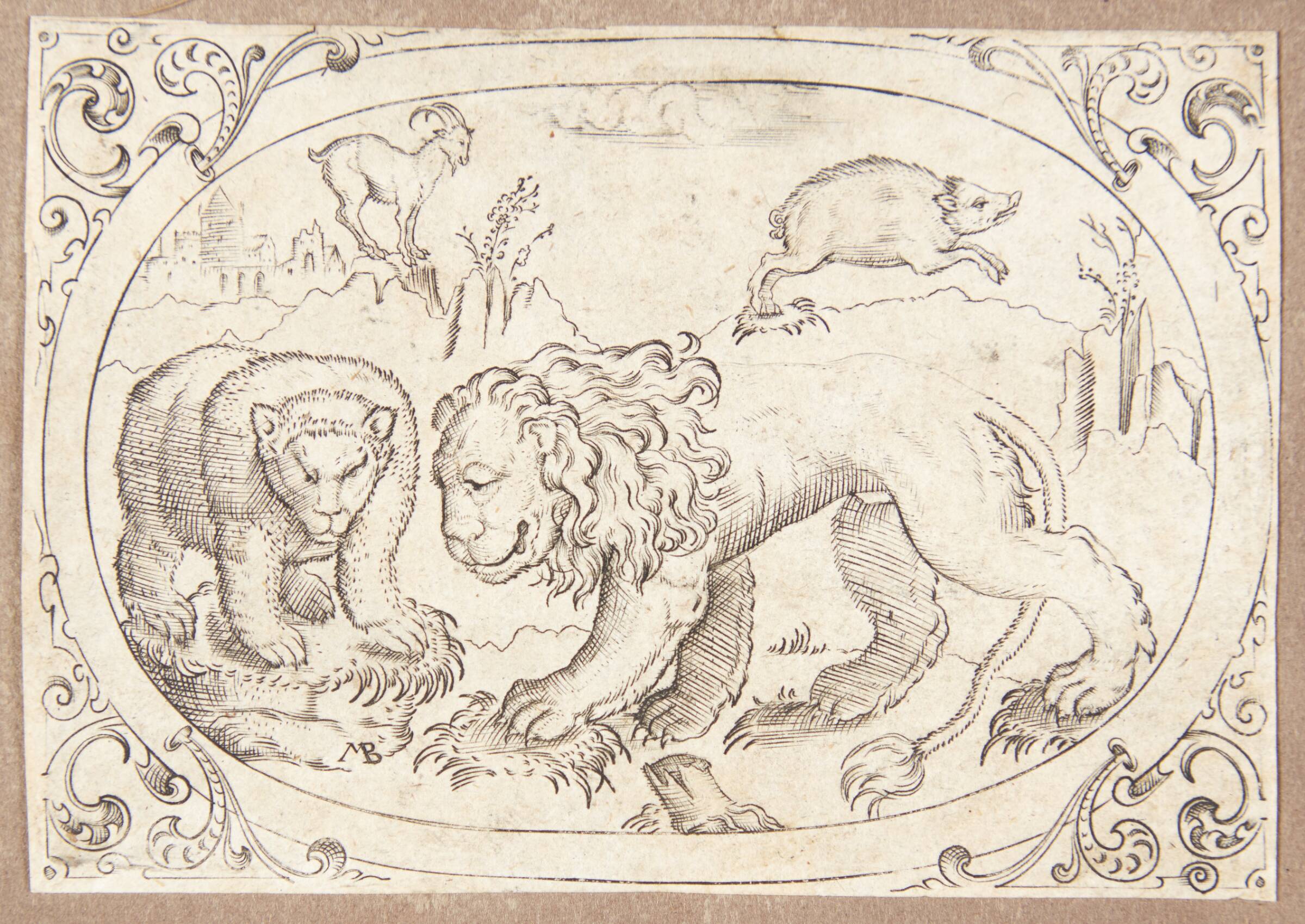 En løve og en bjørn, samt en buk og et vildsvin, Mathias Beytler, 1581-1583